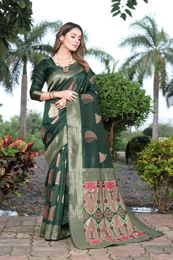 Leaf Green Woven Saree with Contrast Border