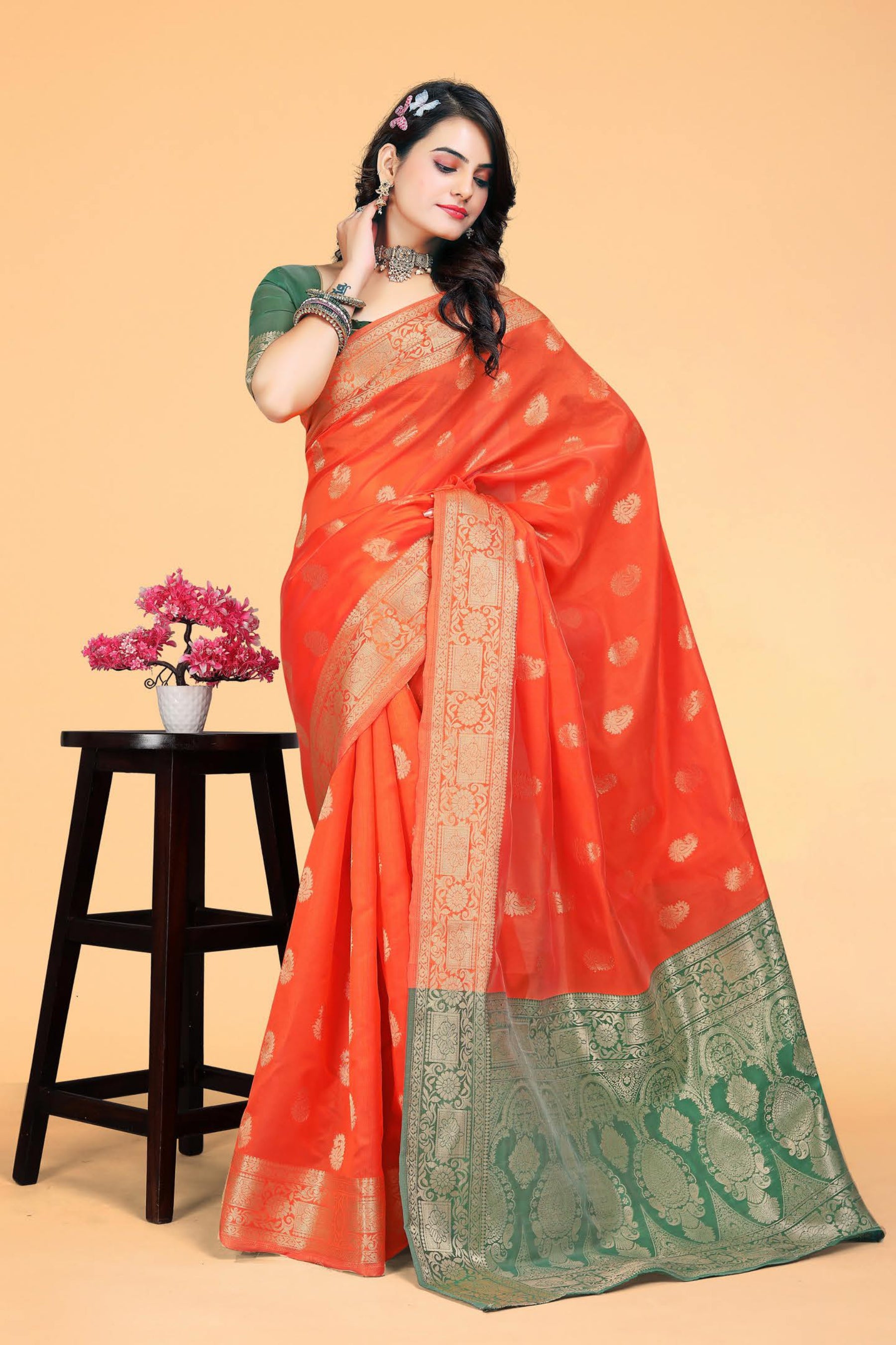 Amber Orange Kanjivarm Chanderi Silk Saree