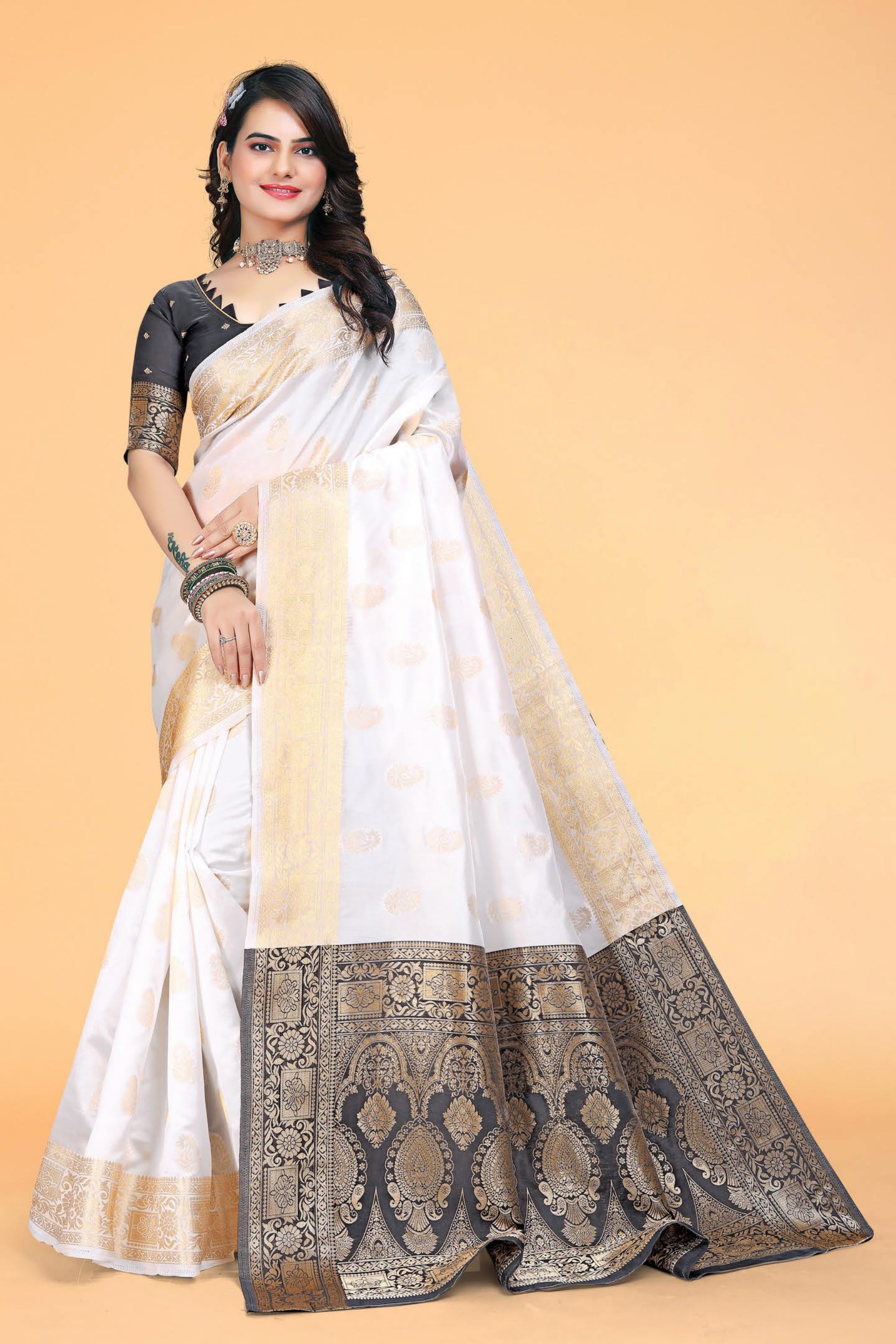 White & Black Kanjivaram Silk Saree