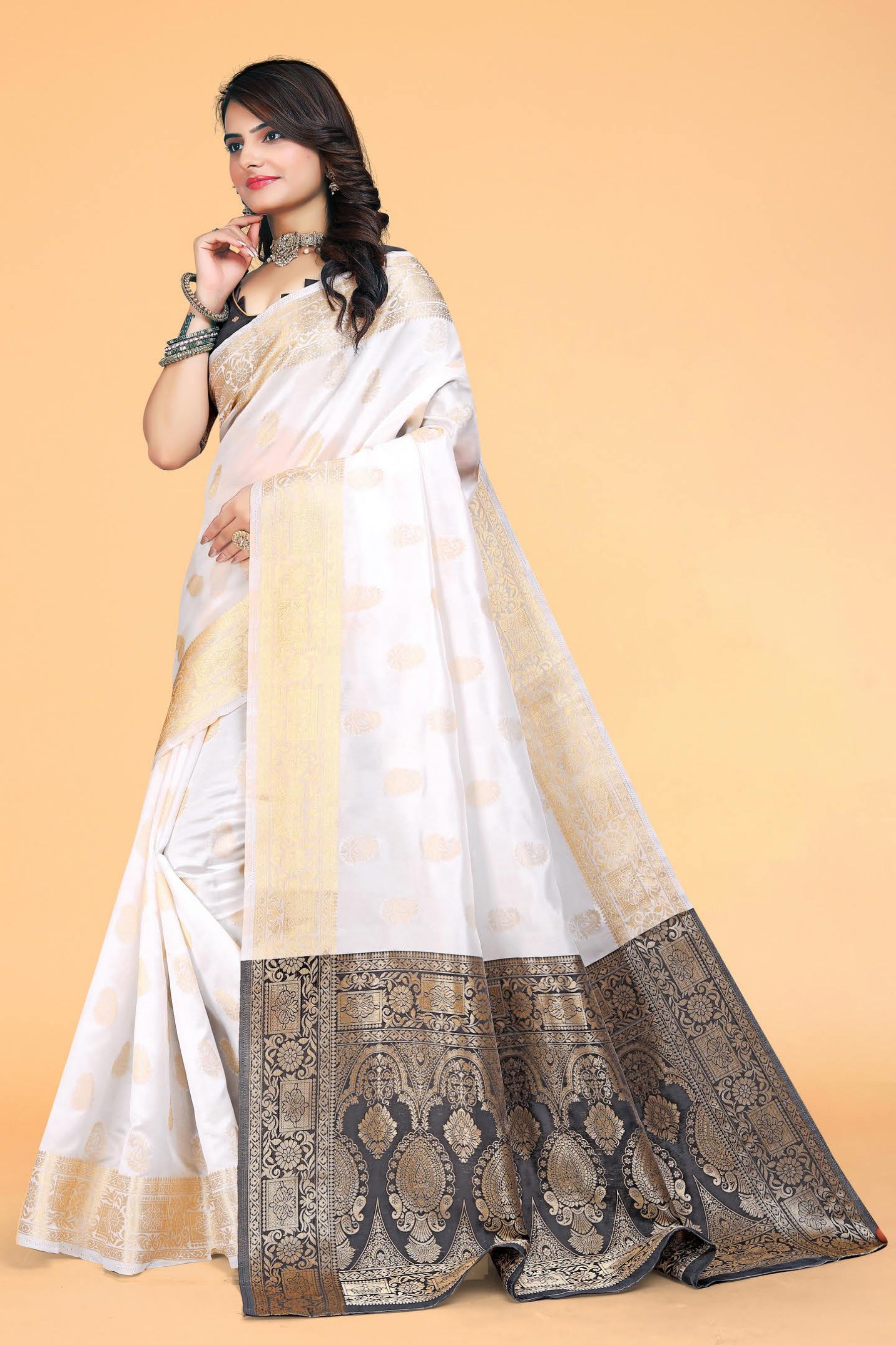 White & Black Kanjivaram Silk Saree