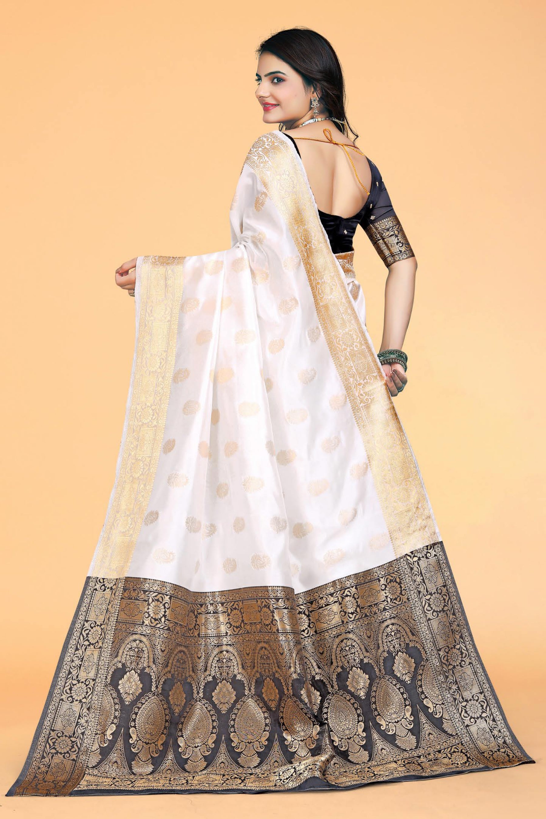 White & Black Kanjivaram Silk Saree