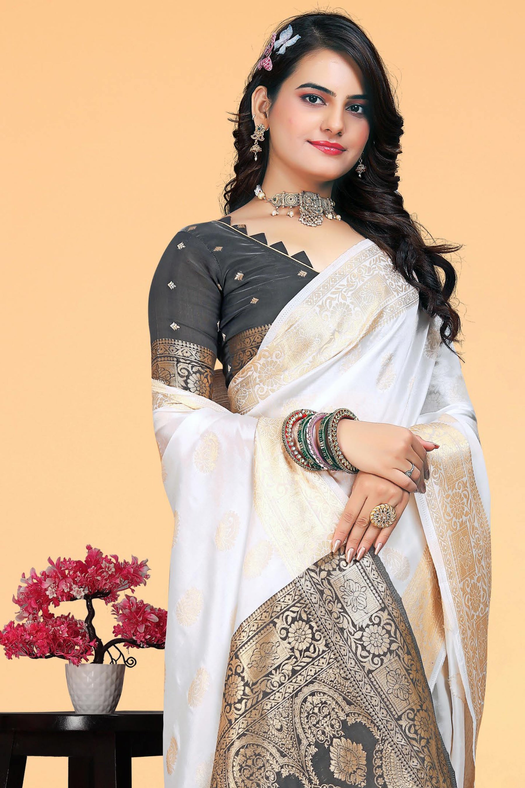 White & Black Kanjivaram Silk Saree