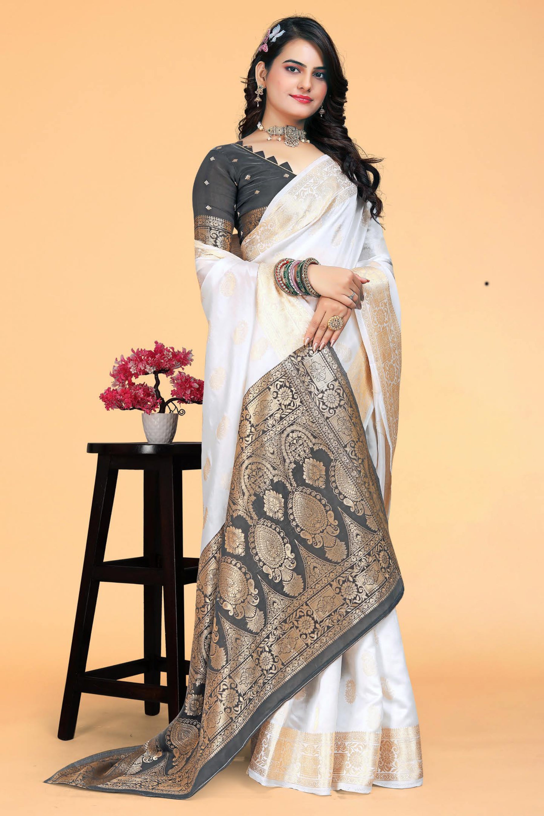 White & Black Kanjivaram Silk Saree