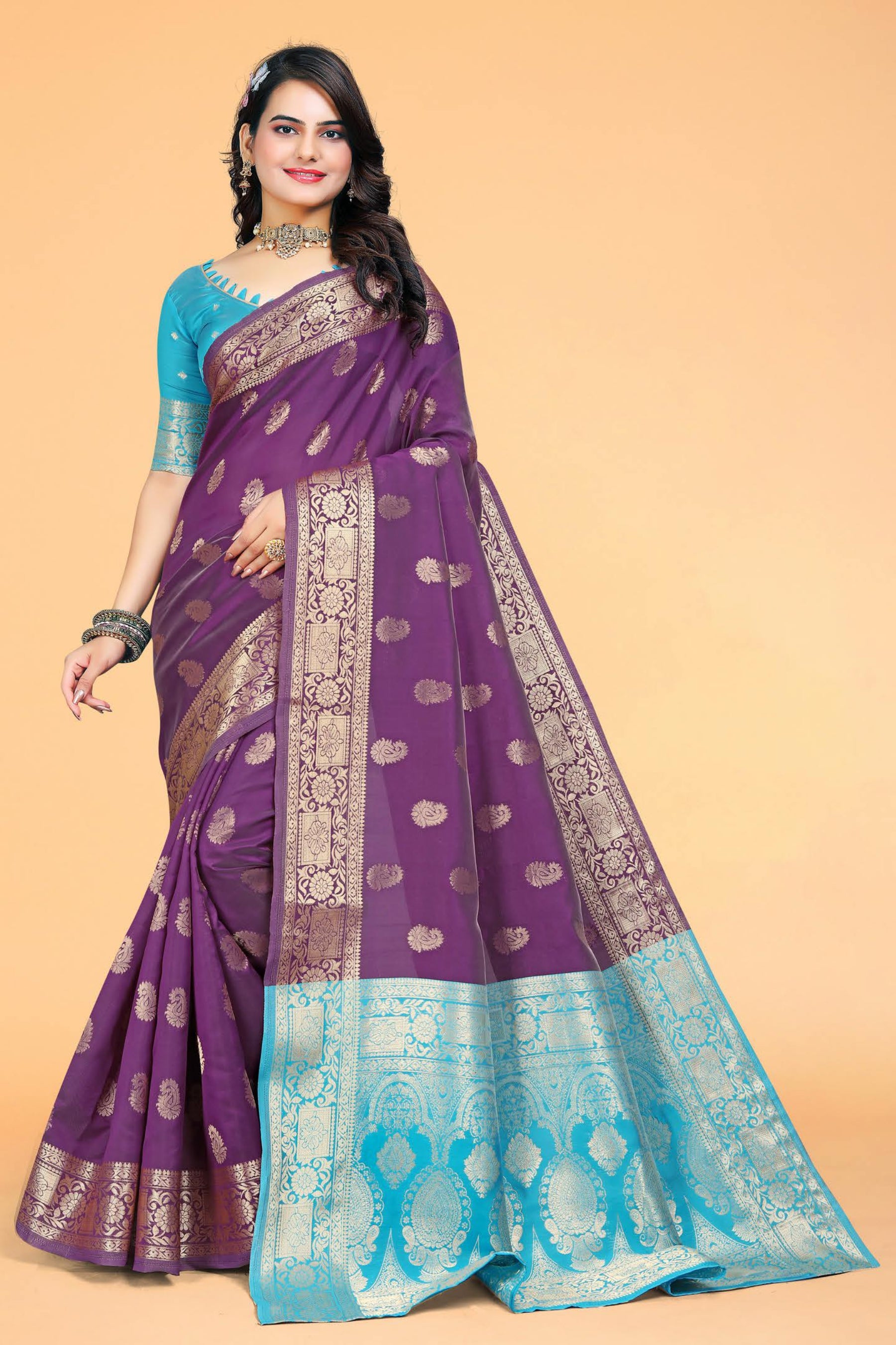 PURPLE WOVEN KANJIVARAM SILK TRADITIONAL SAREE WITH BLOUSE