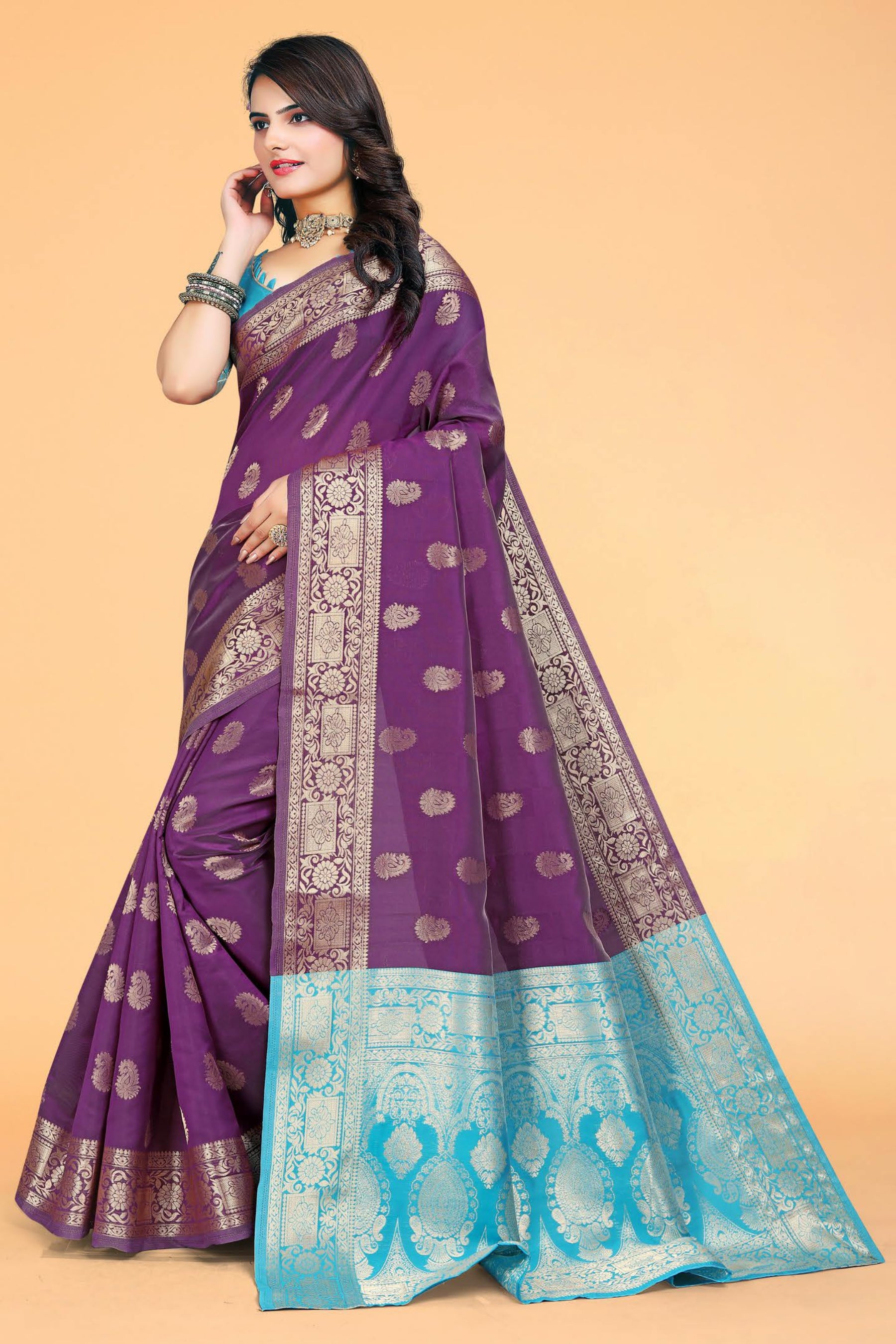 PURPLE WOVEN KANJIVARAM SILK TRADITIONAL SAREE WITH BLOUSE