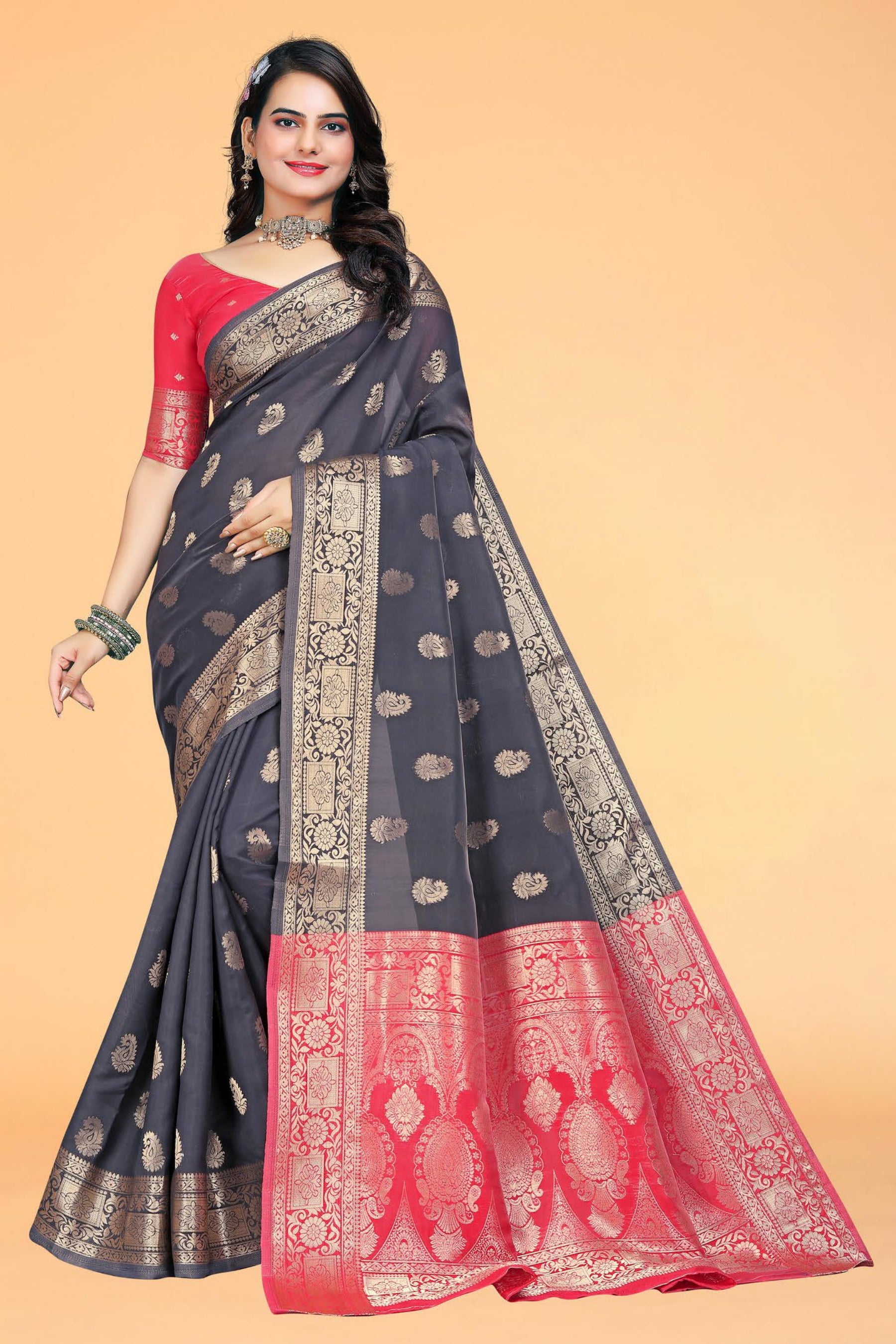 Black & Red Woven Kanjivaram Silk Saree