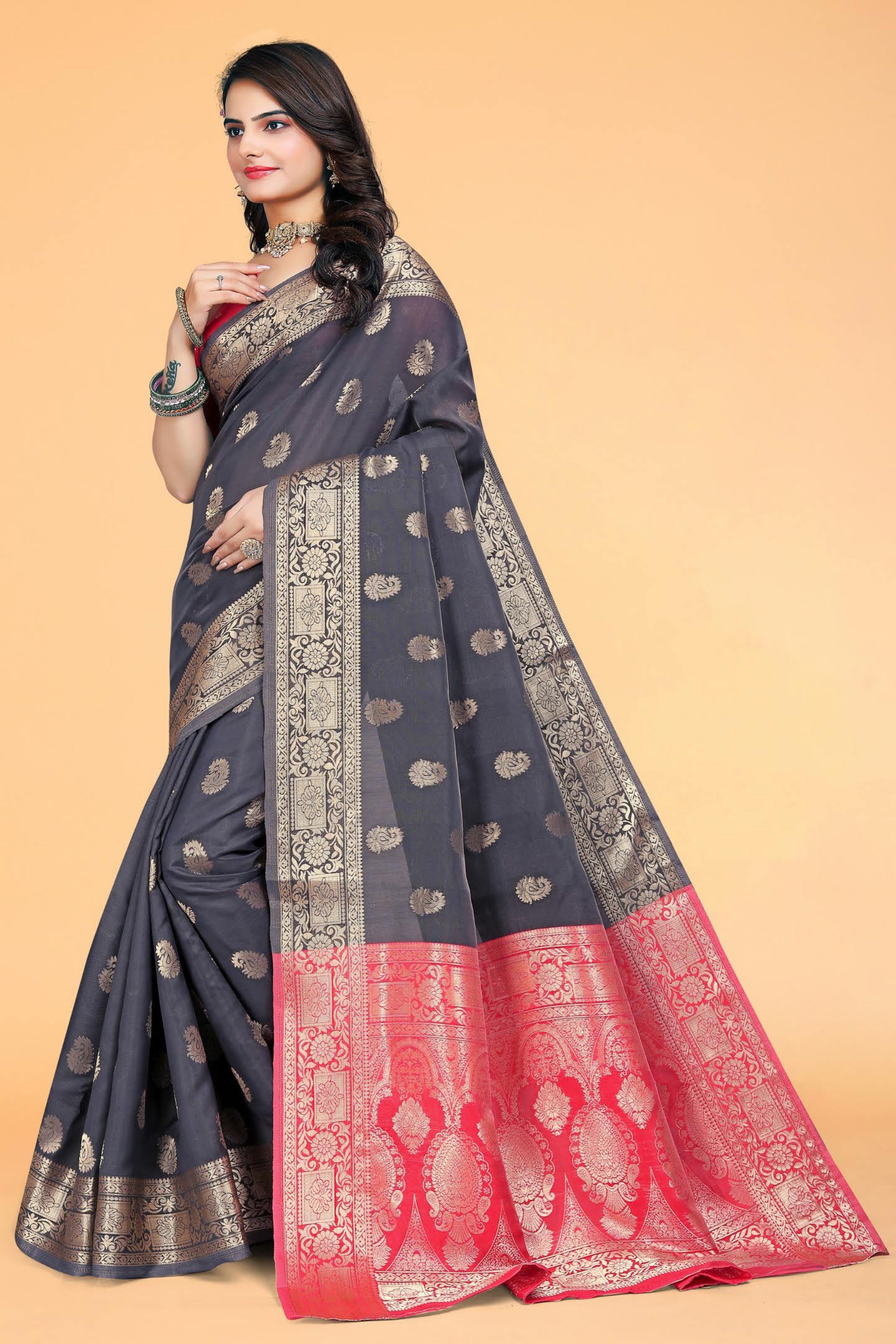 Black & Red Woven Kanjivaram Silk Saree