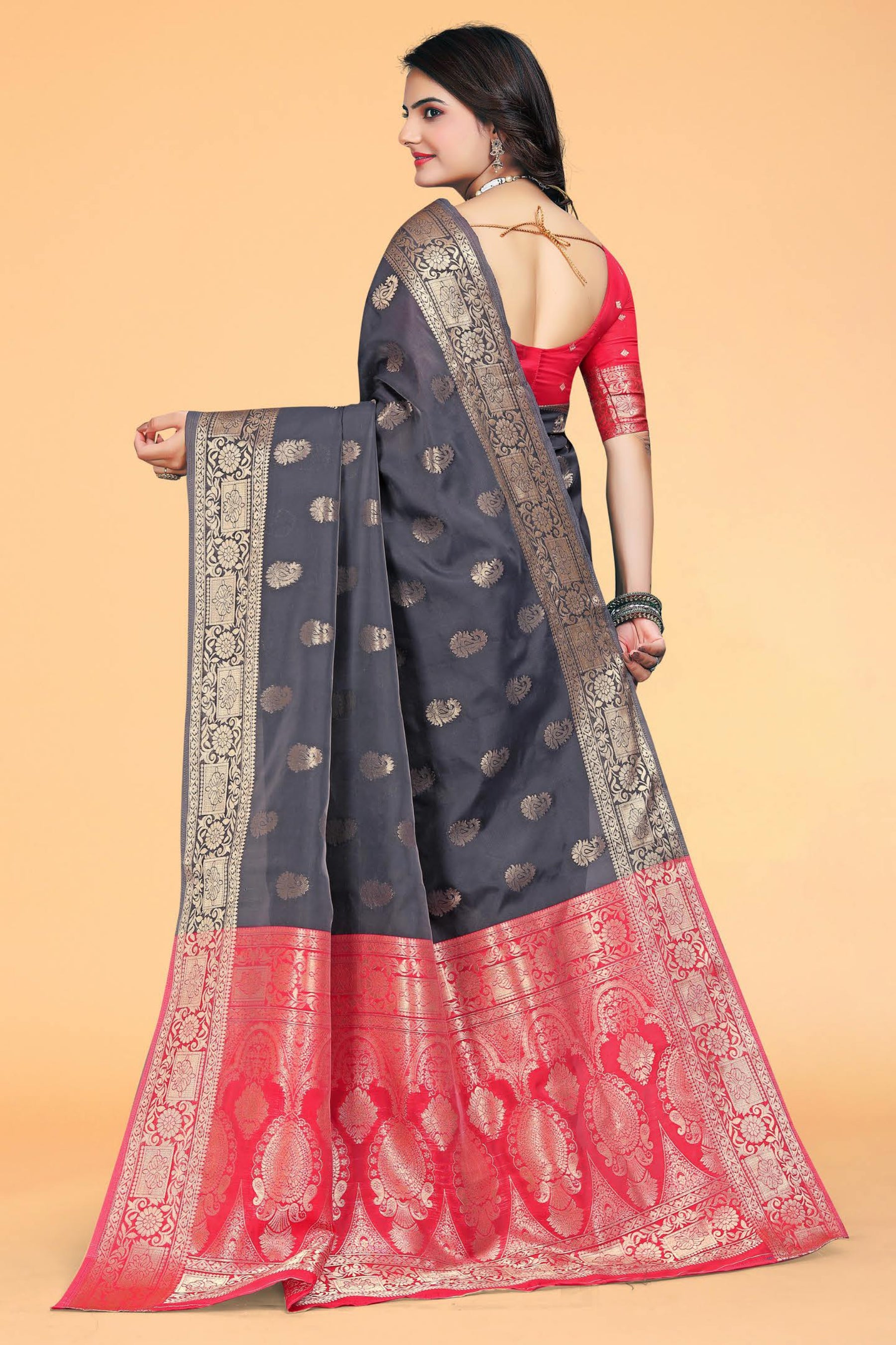 Black & Red Woven Kanjivaram Silk Saree