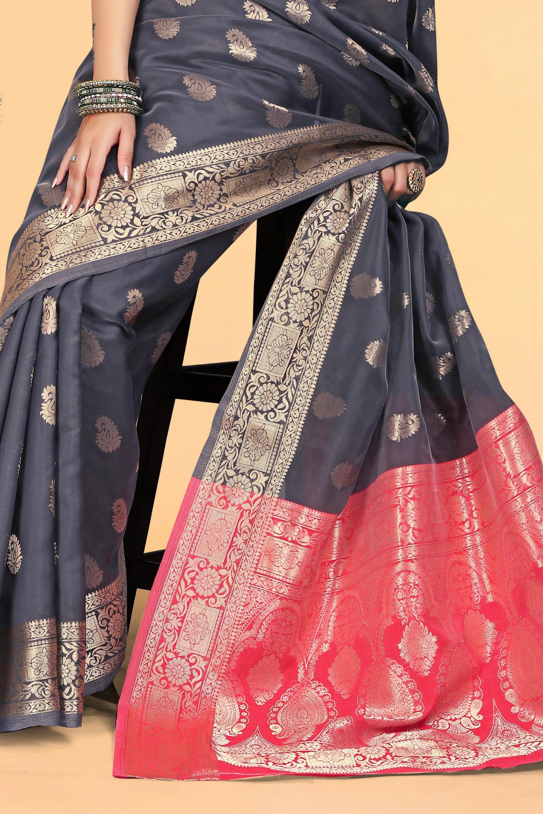 Black & Red Woven Kanjivaram Silk Saree