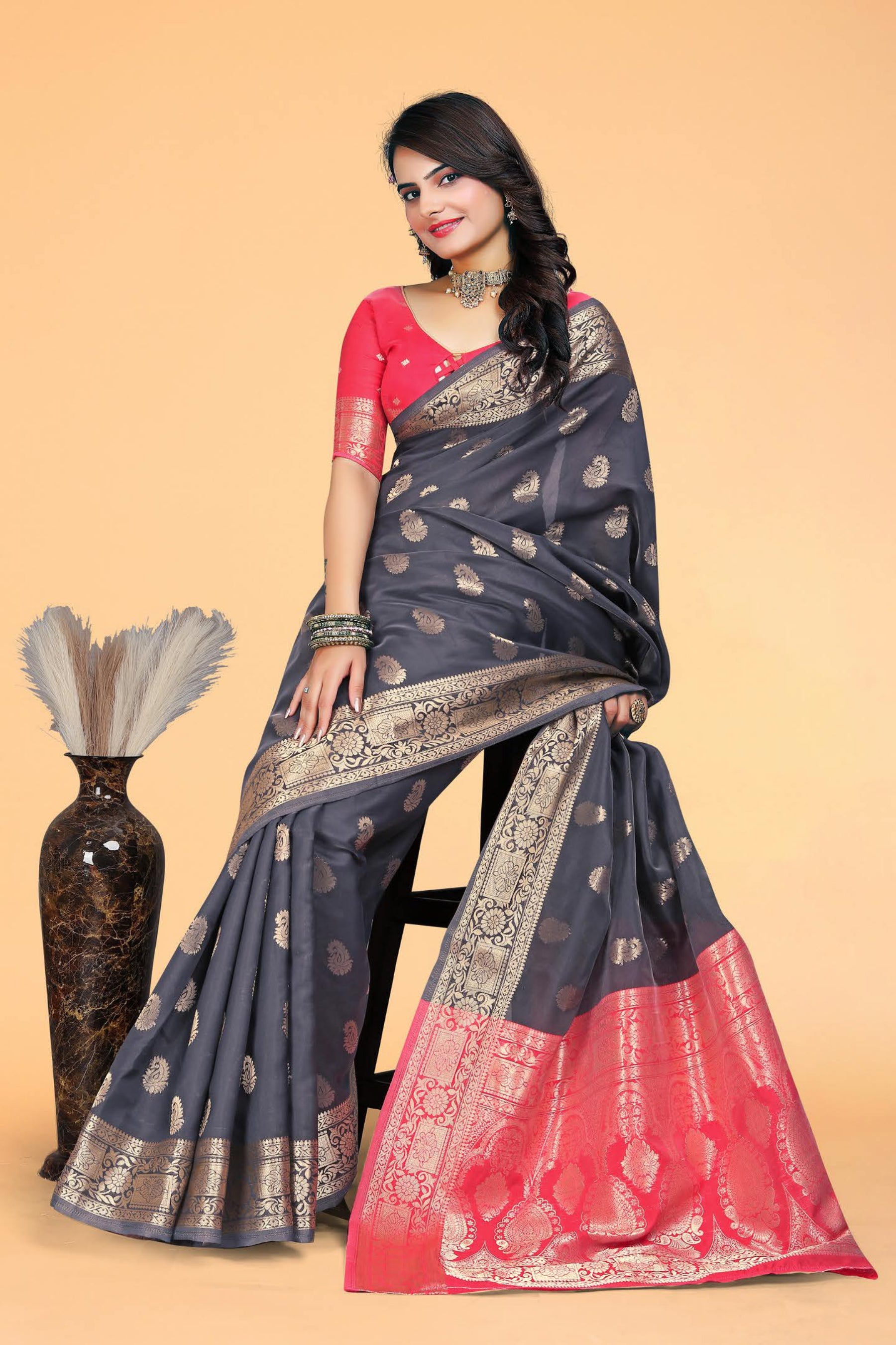 Black & Red Woven Kanjivaram Silk Saree