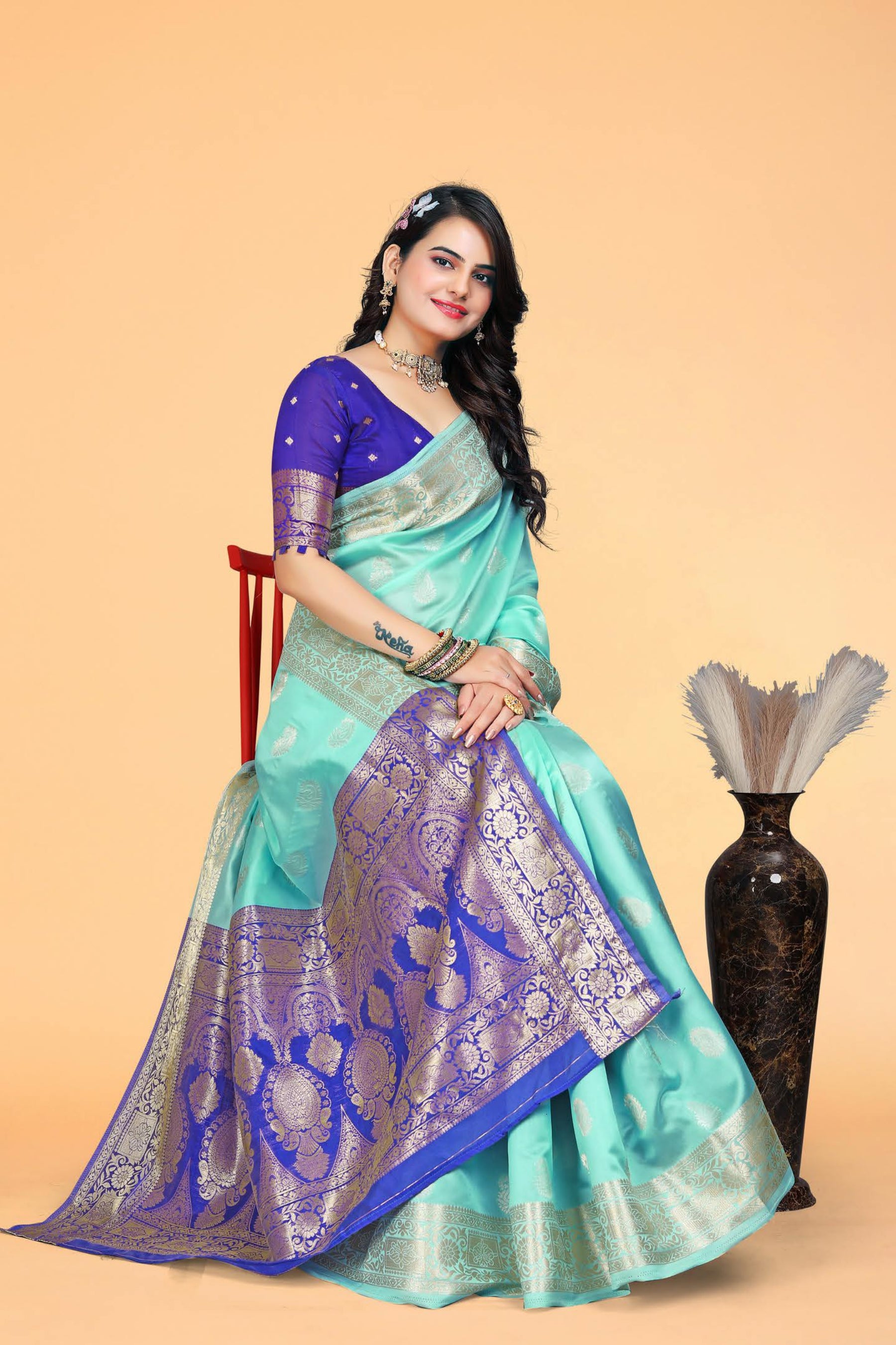 Blue Handloom Katan Pure Silk Saree With Blouse Piece