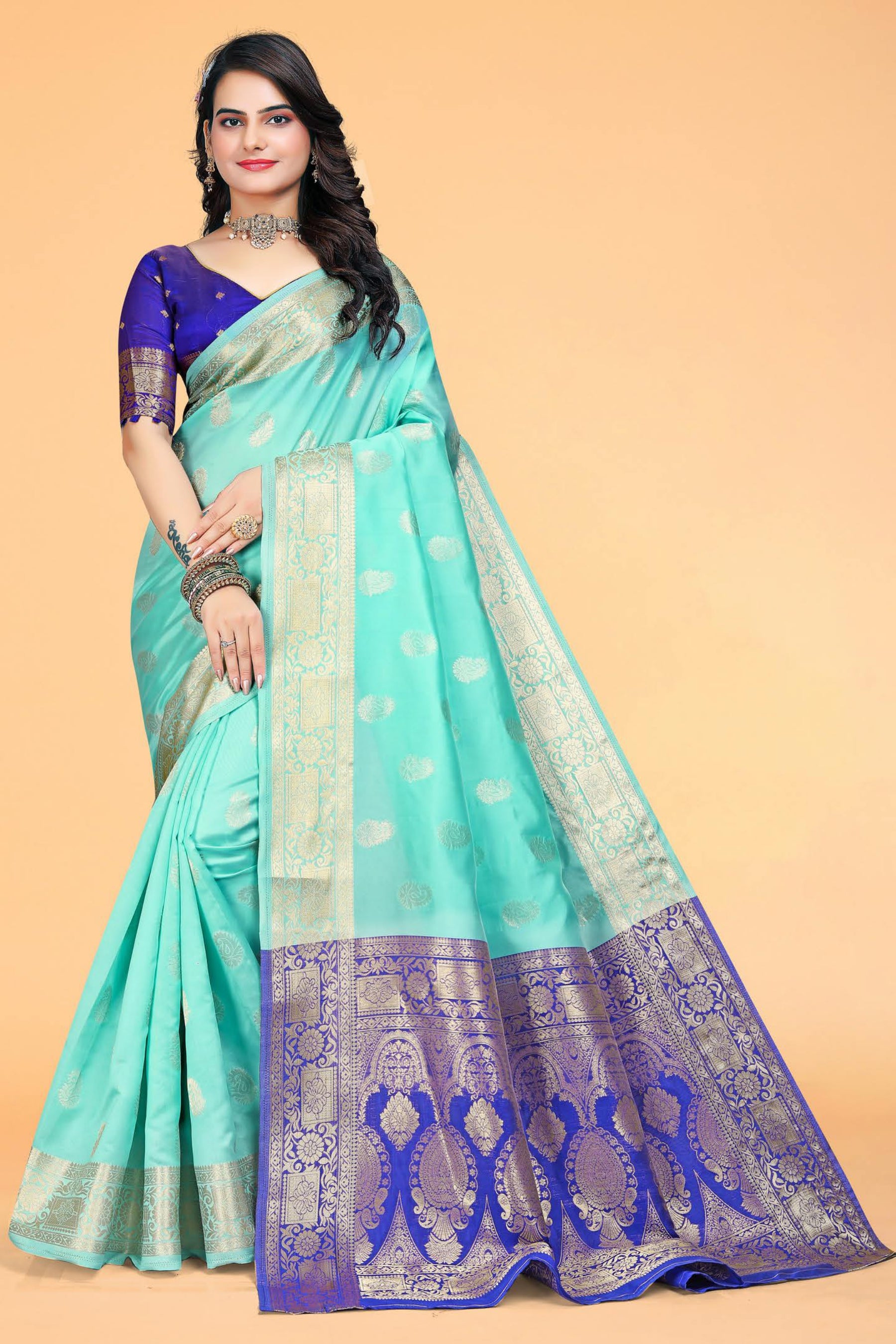 Blue Handloom Katan Pure Silk Saree With Blouse Piece