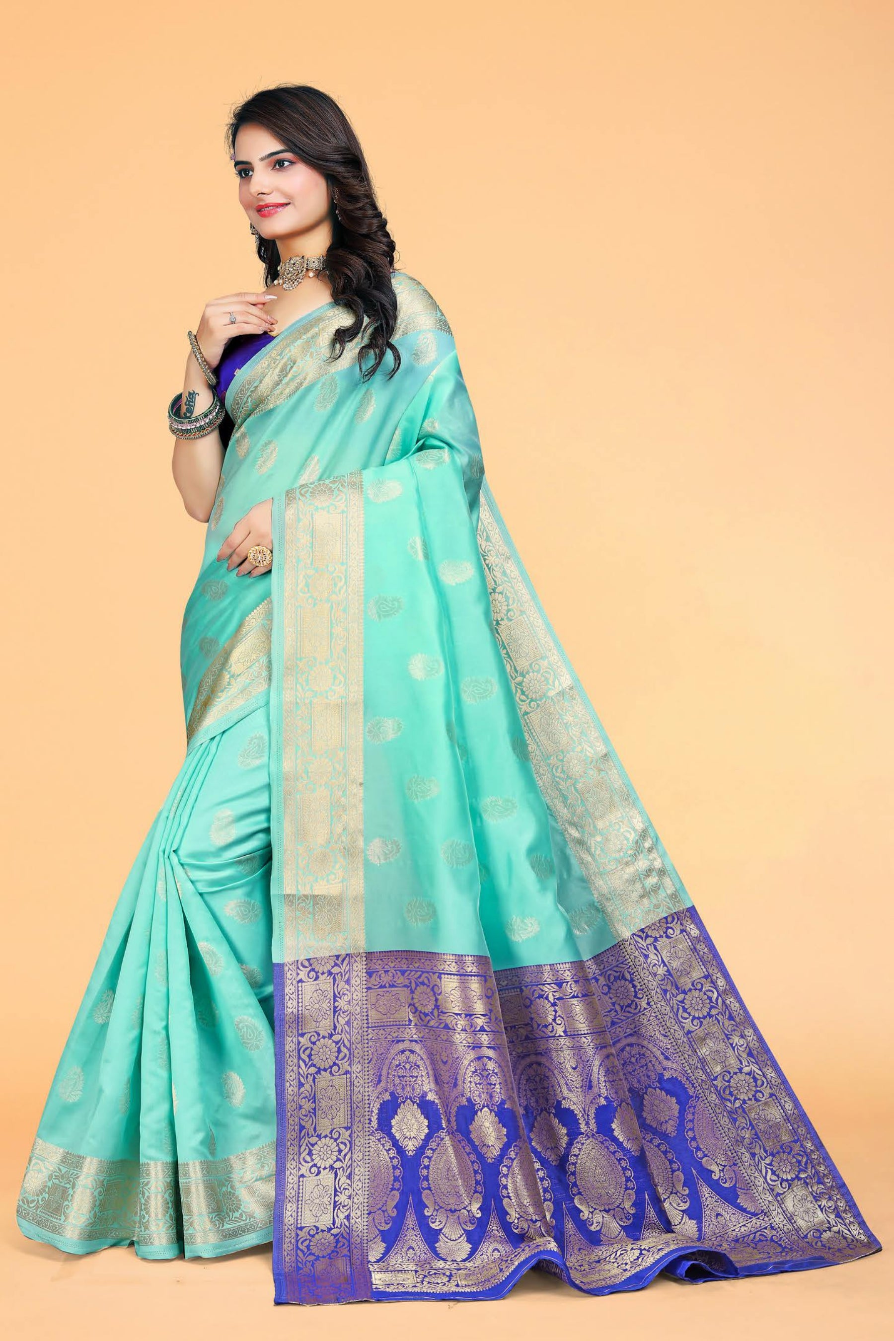 Blue Handloom Katan Pure Silk Saree With Blouse Piece