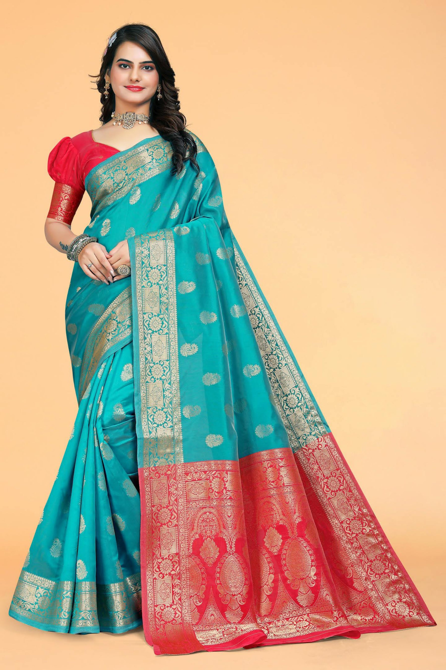 Atoll Blue and Red Zari Woven Kanjiwaram Silk Saree