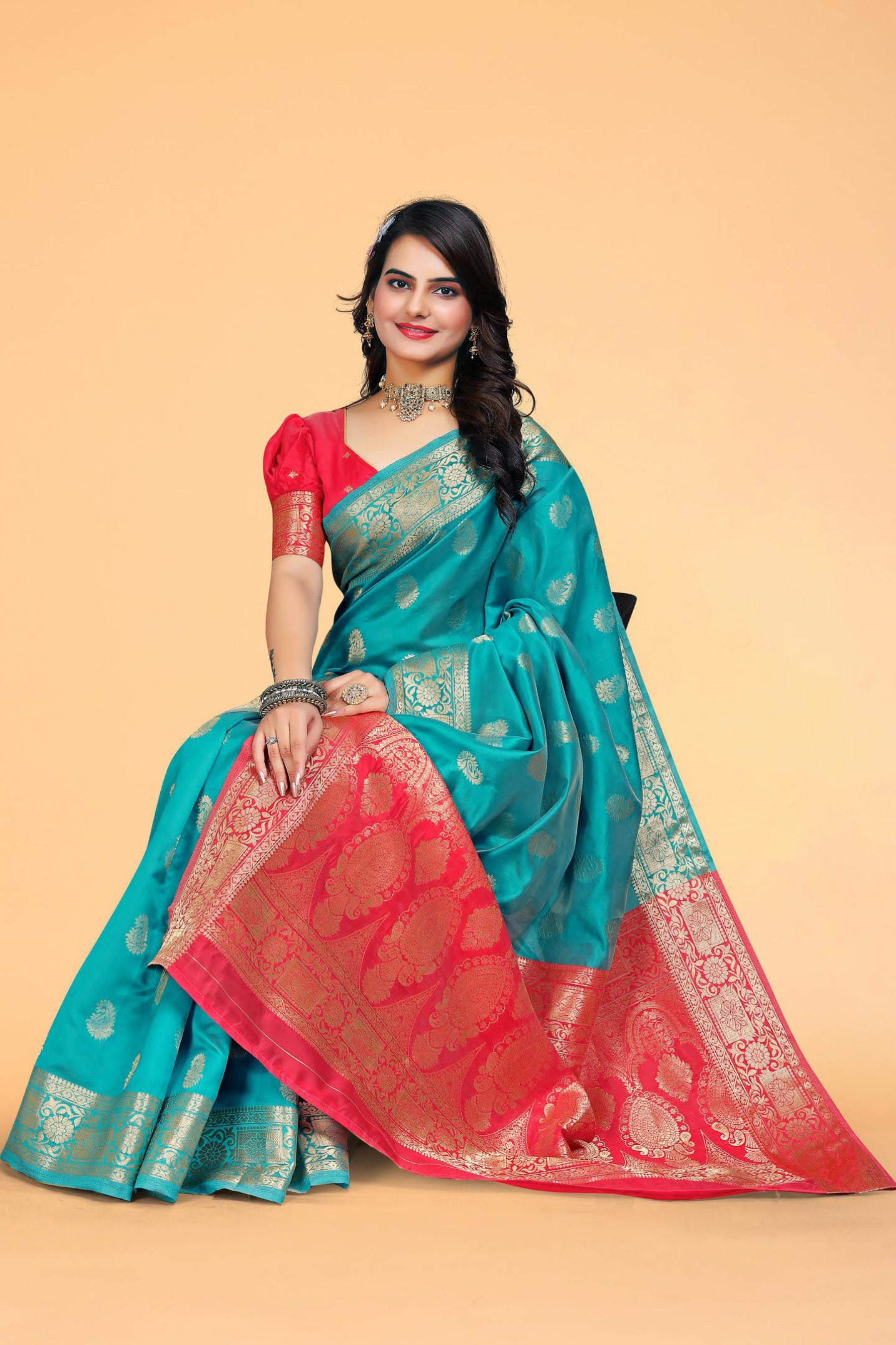 Atoll Blue and Red Zari Woven Kanjiwaram Silk Saree