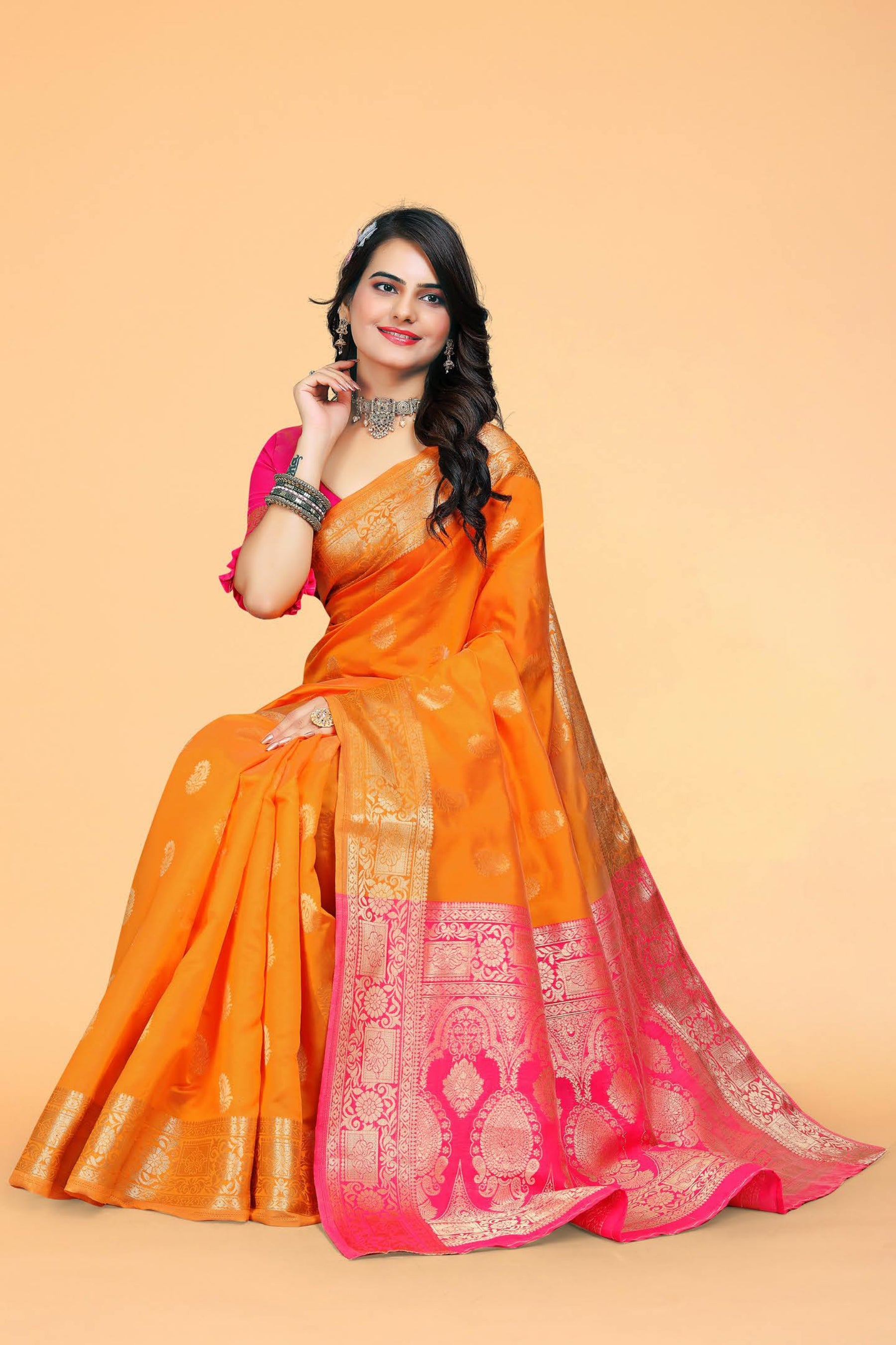 YELLOW & ROSE PETALS KANJIVARAM SILK SAREE