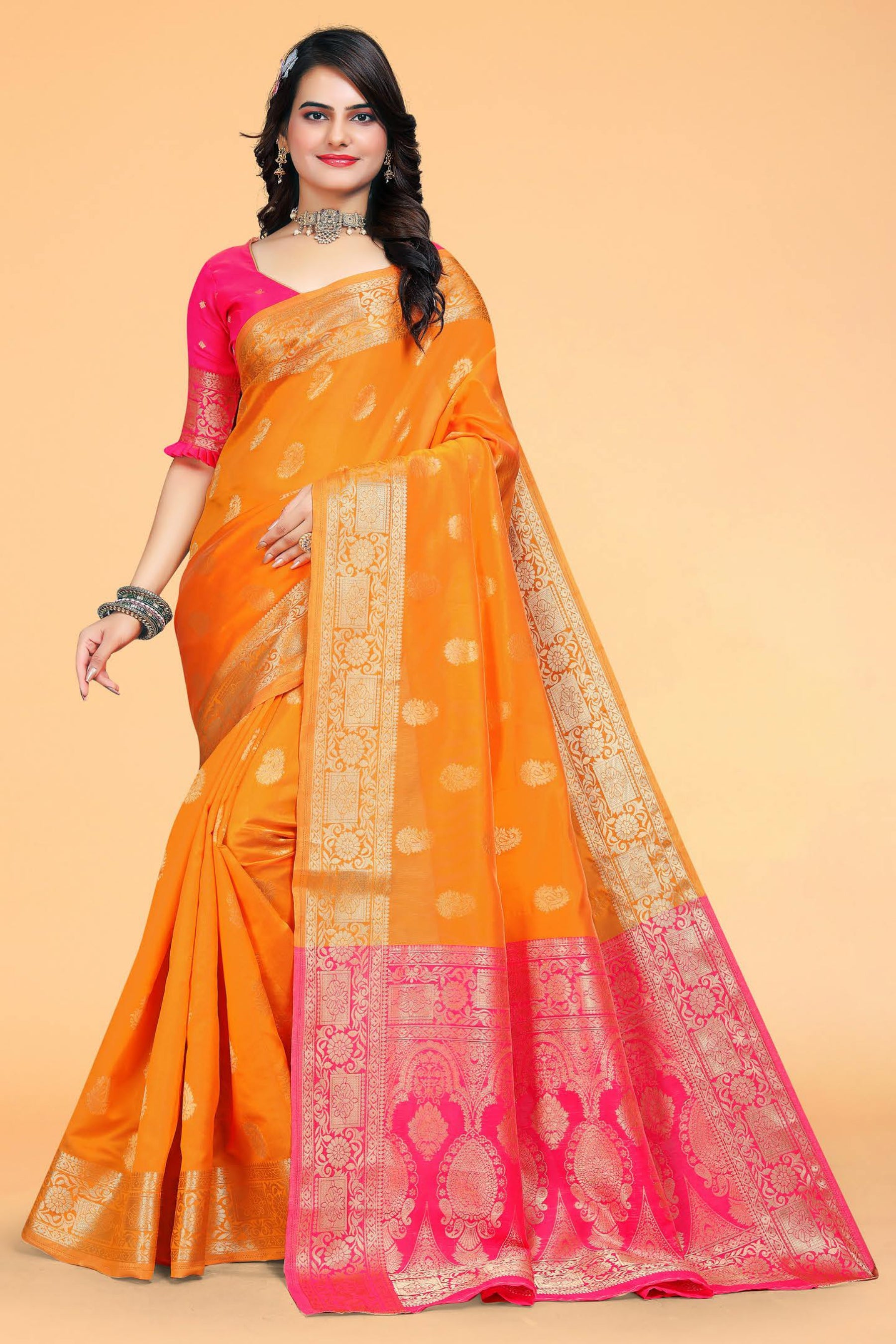 YELLOW & ROSE PETALS KANJIVARAM SILK SAREE