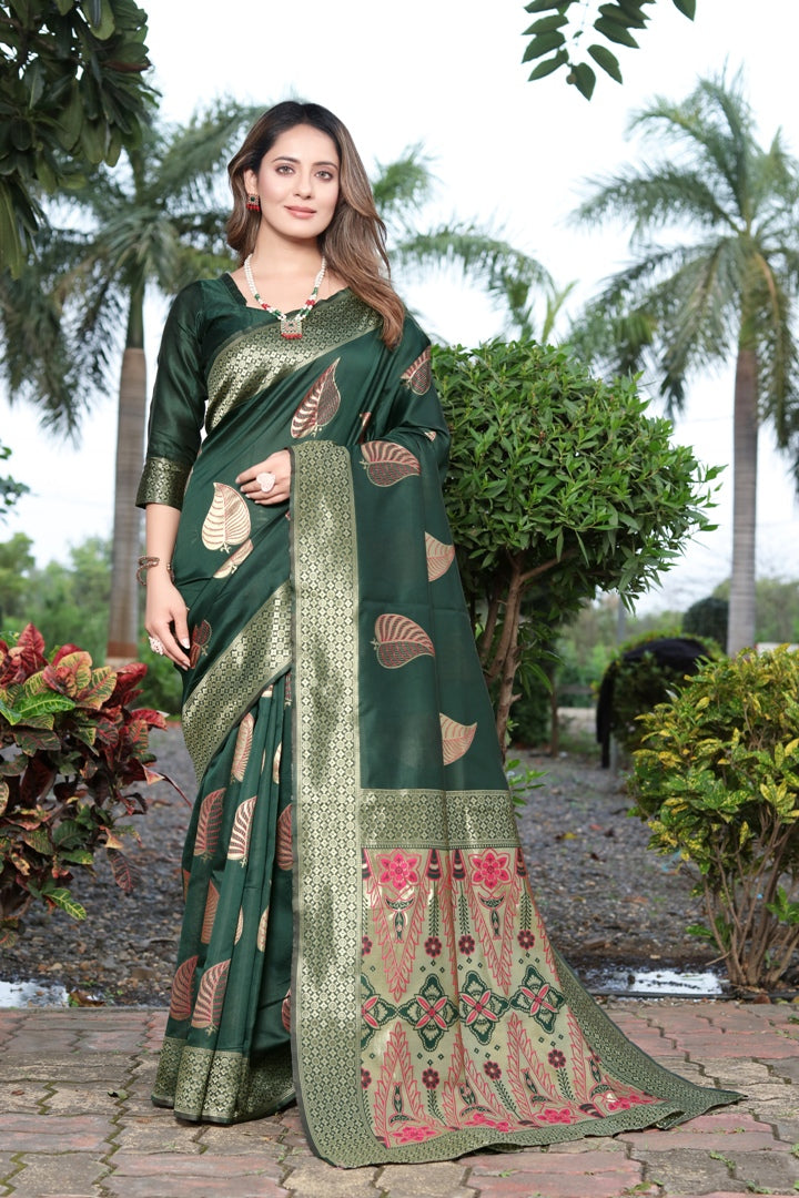 Leaf Green Woven Saree with Contrast Border