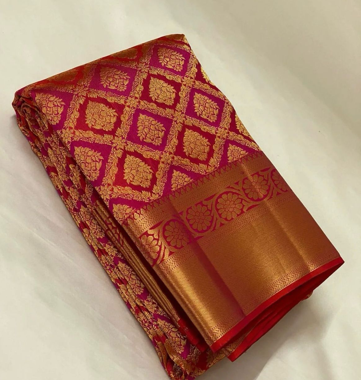 Red Banarasi Silk Saree with Contrast Border