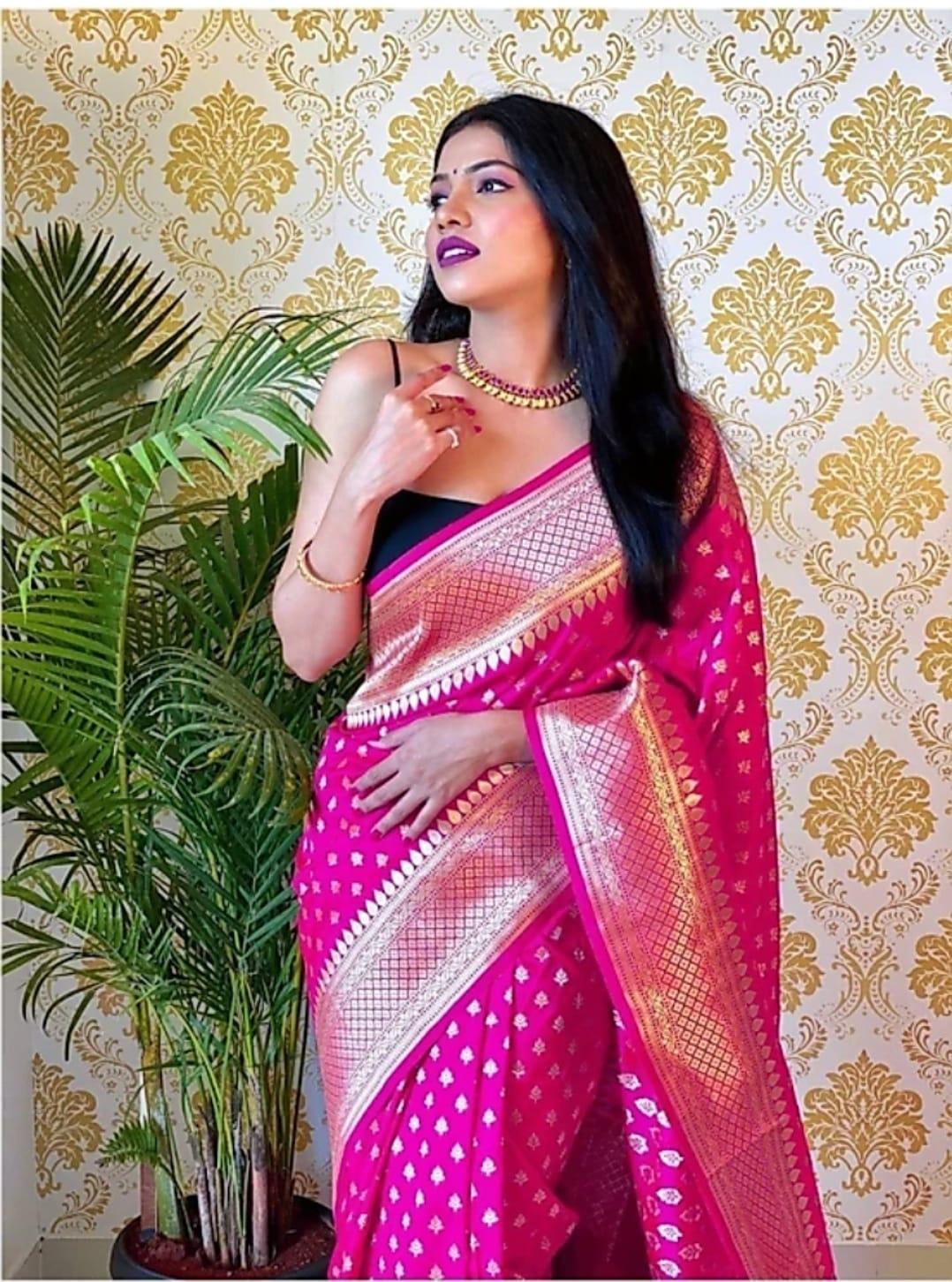 Rani Pink Banarasi Saree with Exquisite Zari Bindi Work - Naari Silk 