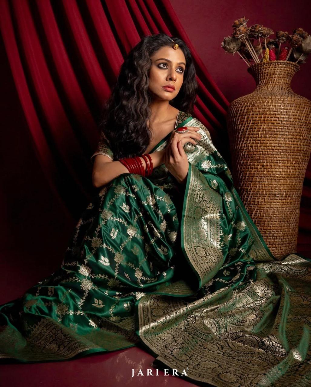 Bottle Green Satin Silk Jaal Banarasi Saree