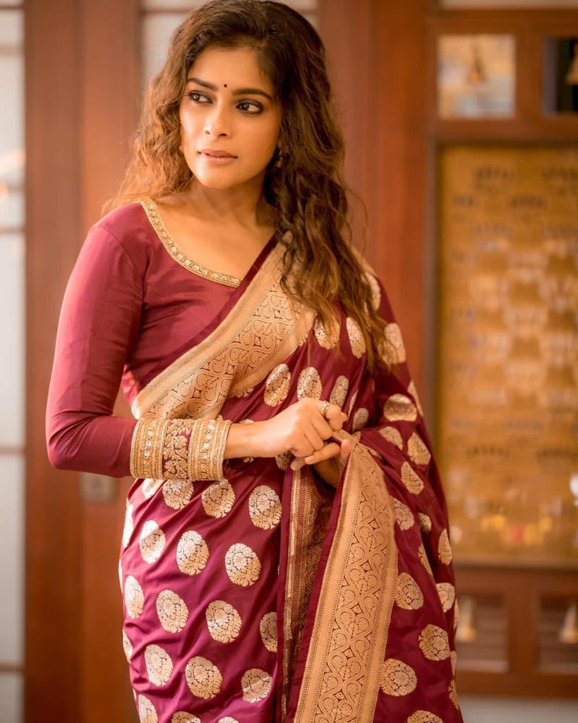 Maroon Pure Silk saree with zari weaving work