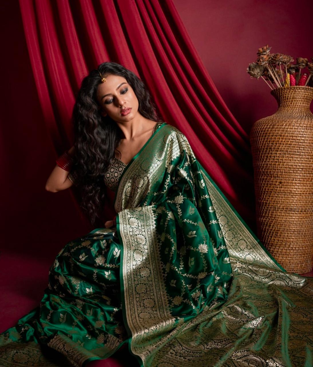 Bottle Green Satin Silk Jaal Banarasi Saree