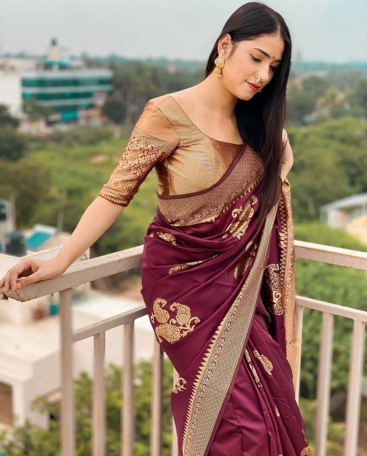 Amazing Wine Soft Silk Saree With Classy Blouse Piece