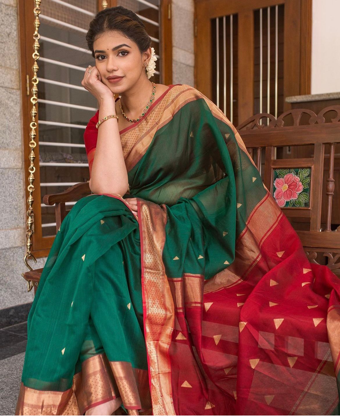 Dark Green & Red Soft Lichi Silk Saree With Zari Weaving Work