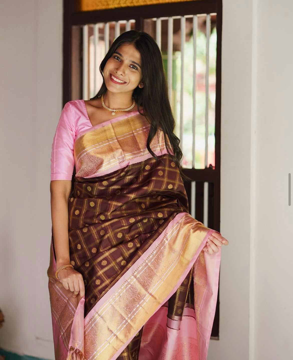 Brown Soft Silk Saree With Floral Buttis