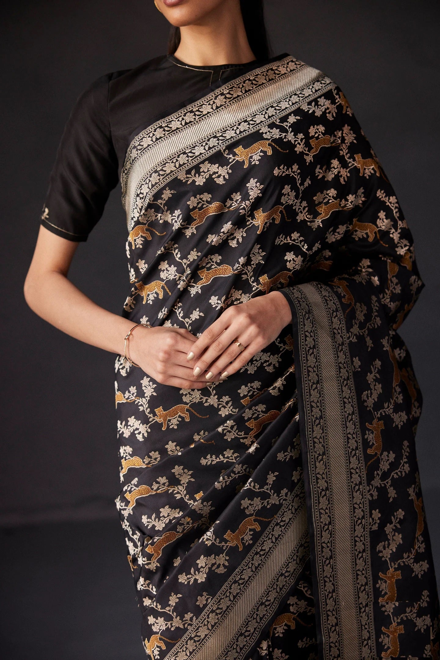 Black Pure Katan Silk Banarasi Shikargah Handloom Saree