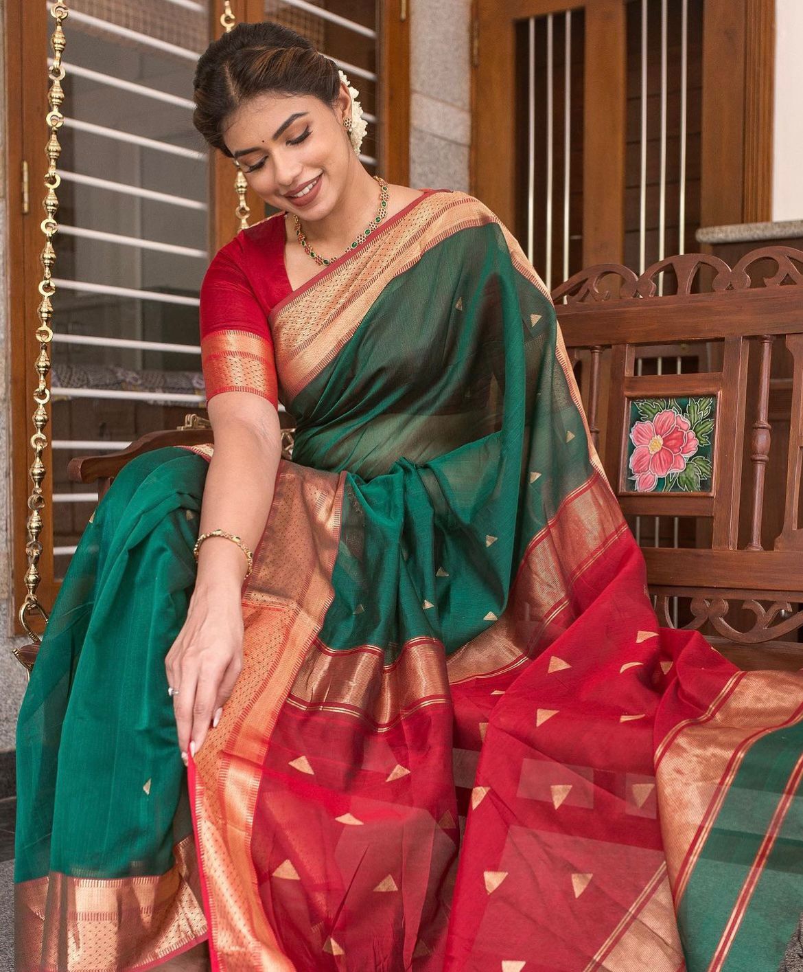 Dark Green & Red Soft Lichi Silk Saree With Zari Weaving Work