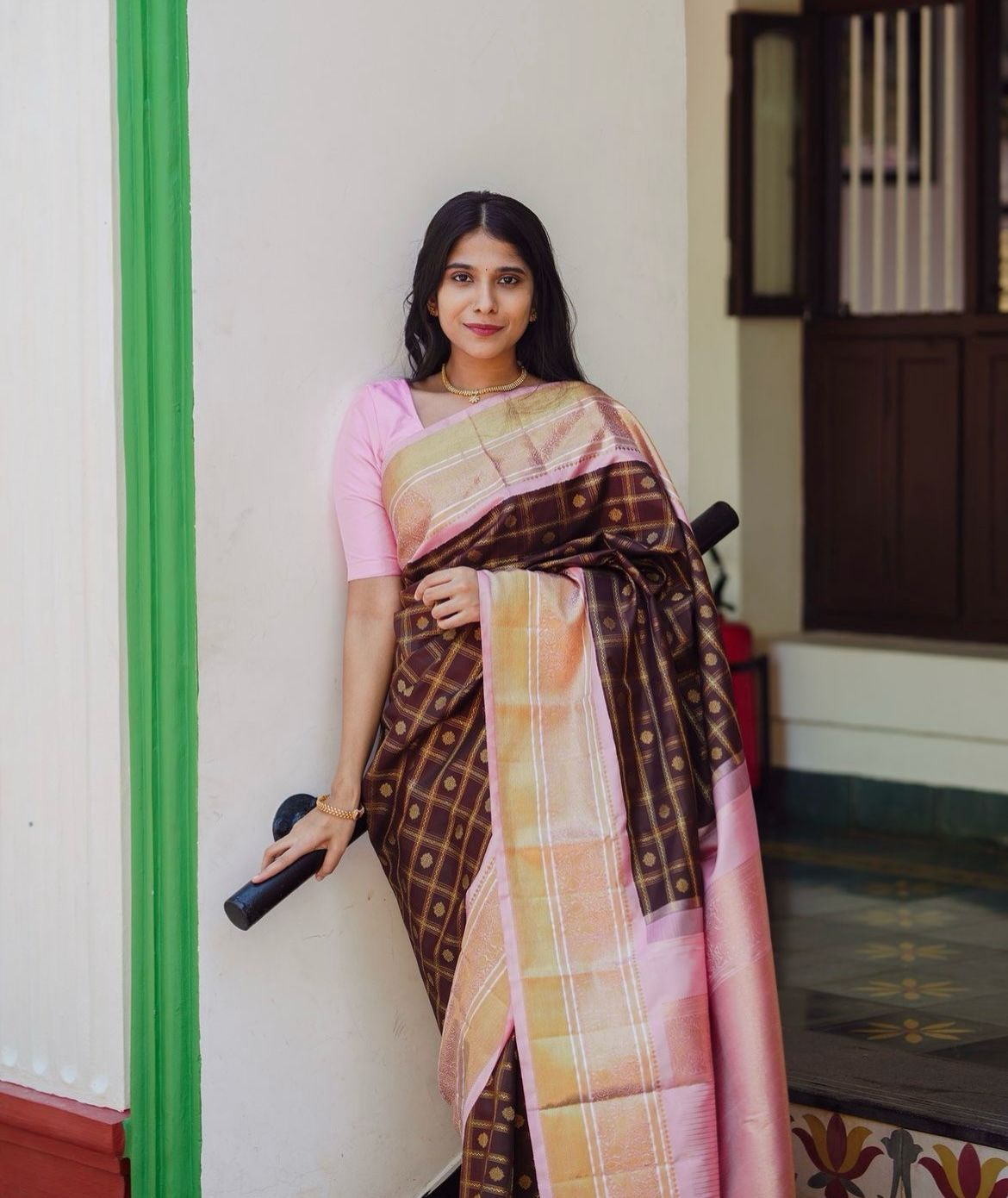 Brown Soft Silk Saree With Floral Buttis