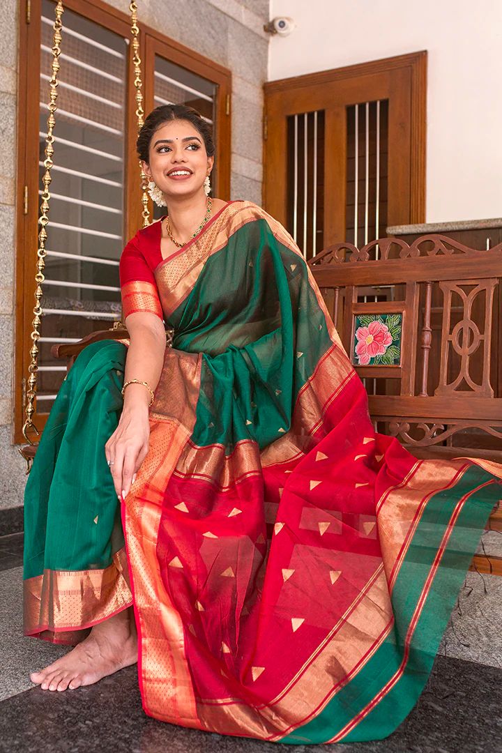 Dark Green & Red Soft Lichi Silk Saree With Zari Weaving Work