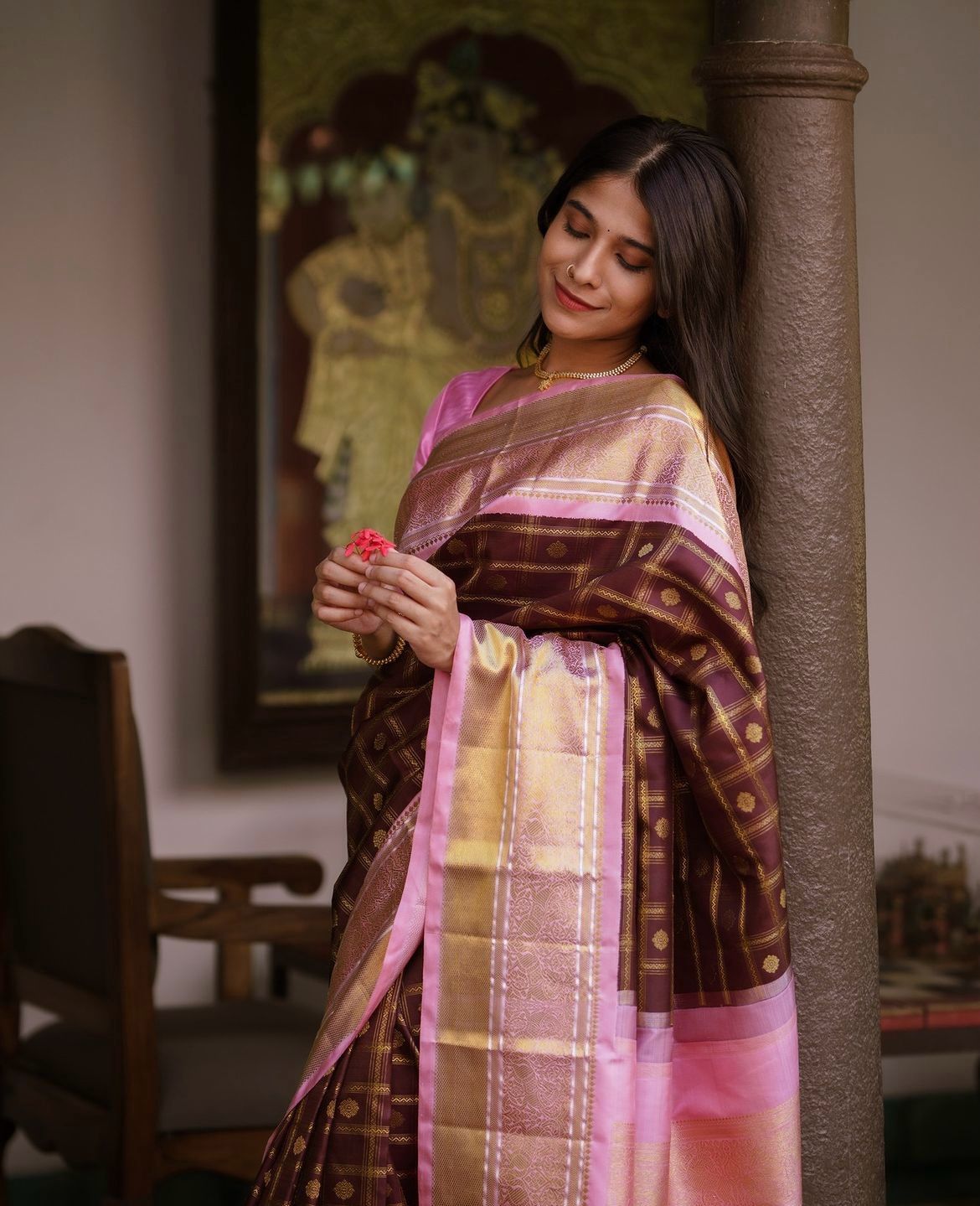 Brown Soft Silk Saree With Floral Buttis