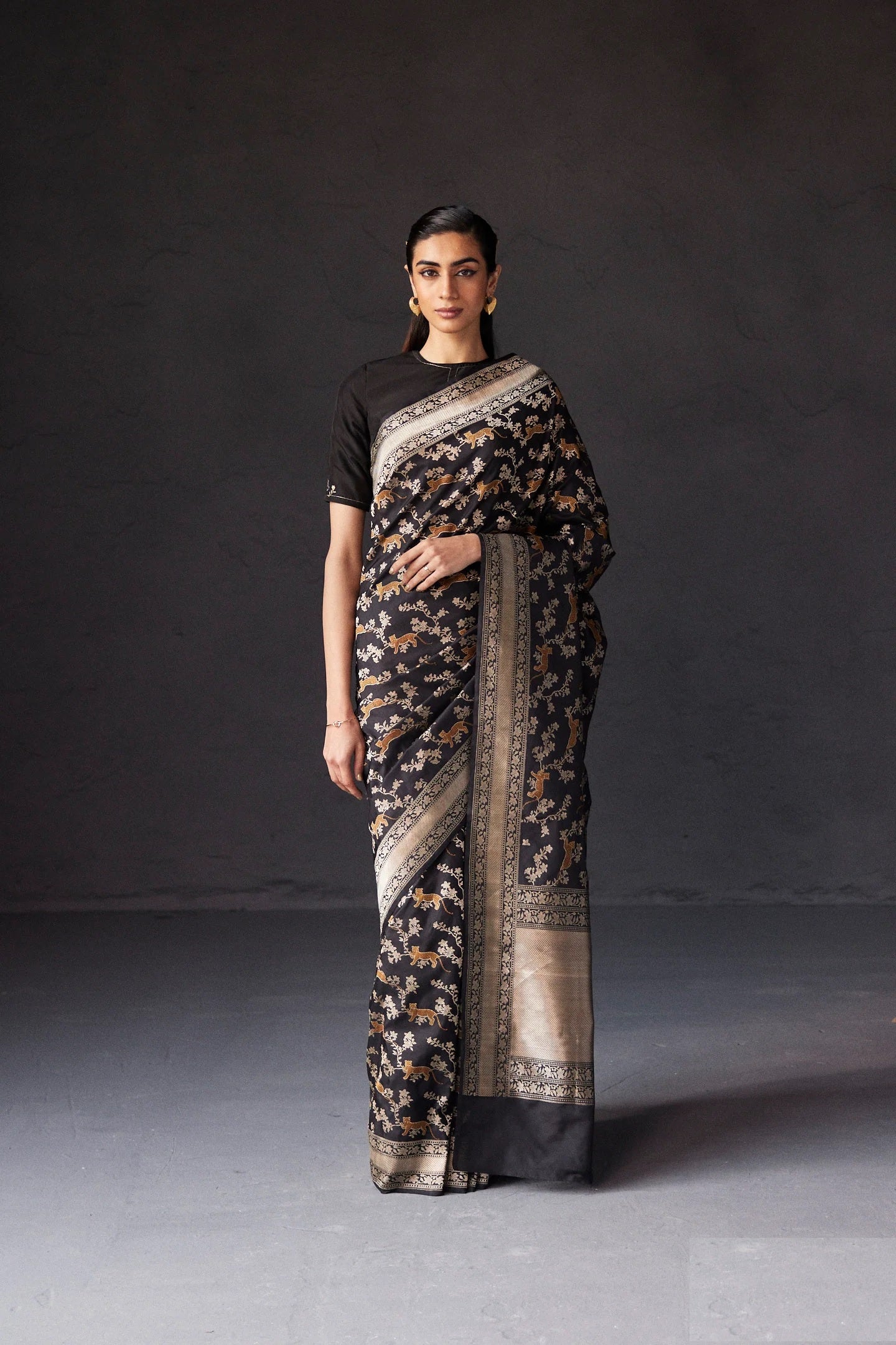 Black Pure Katan Silk Banarasi Shikargah Handloom Saree