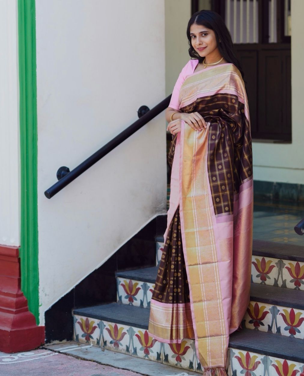 Brown Soft Silk Saree With Floral Buttis