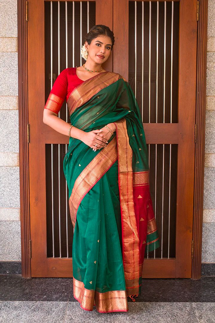 Dark Green & Red Soft Lichi Silk Saree With Zari Weaving Work