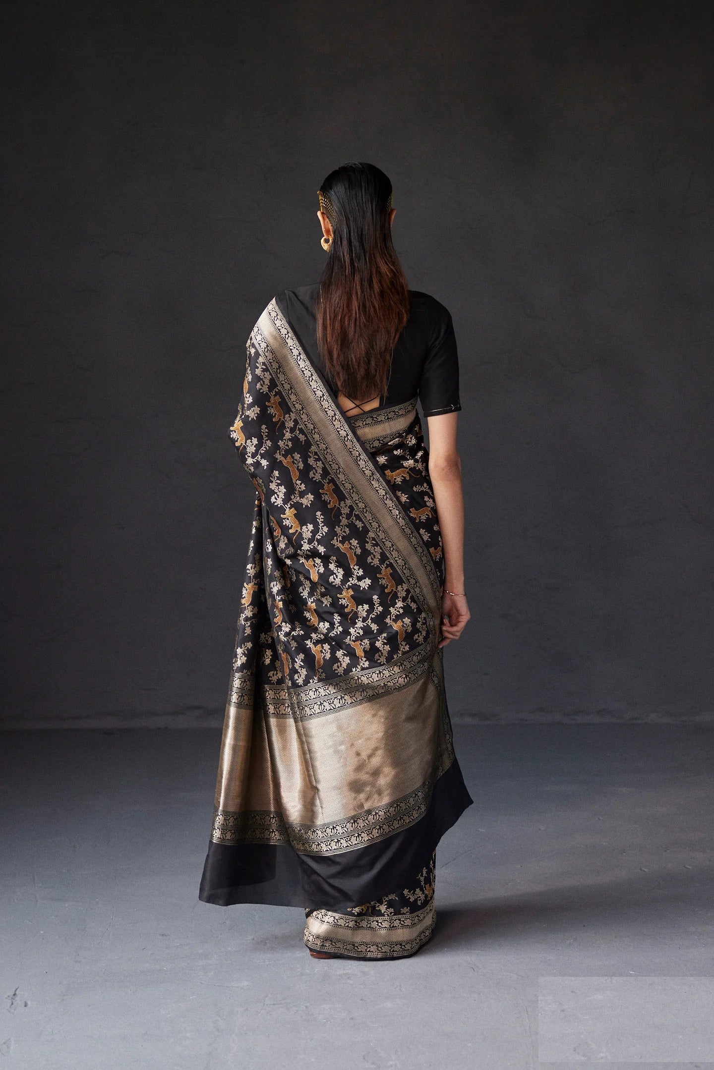 Black Pure Katan Silk Banarasi Shikargah Handloom Saree