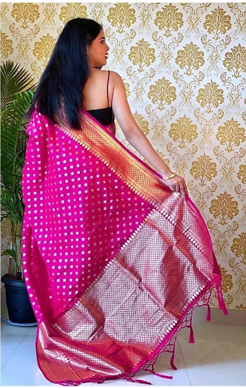 Rani Pink Banarasi Saree with Exquisite Zari Bindi Work - Naari Silk 