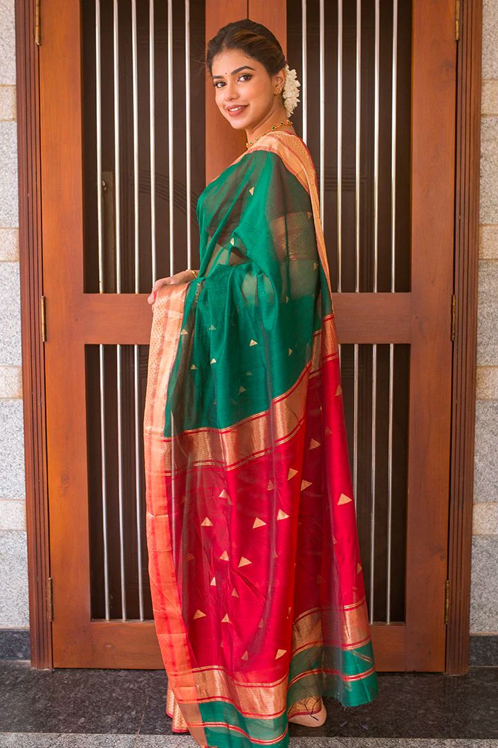 Dark Green & Red Soft Lichi Silk Saree With Zari Weaving Work