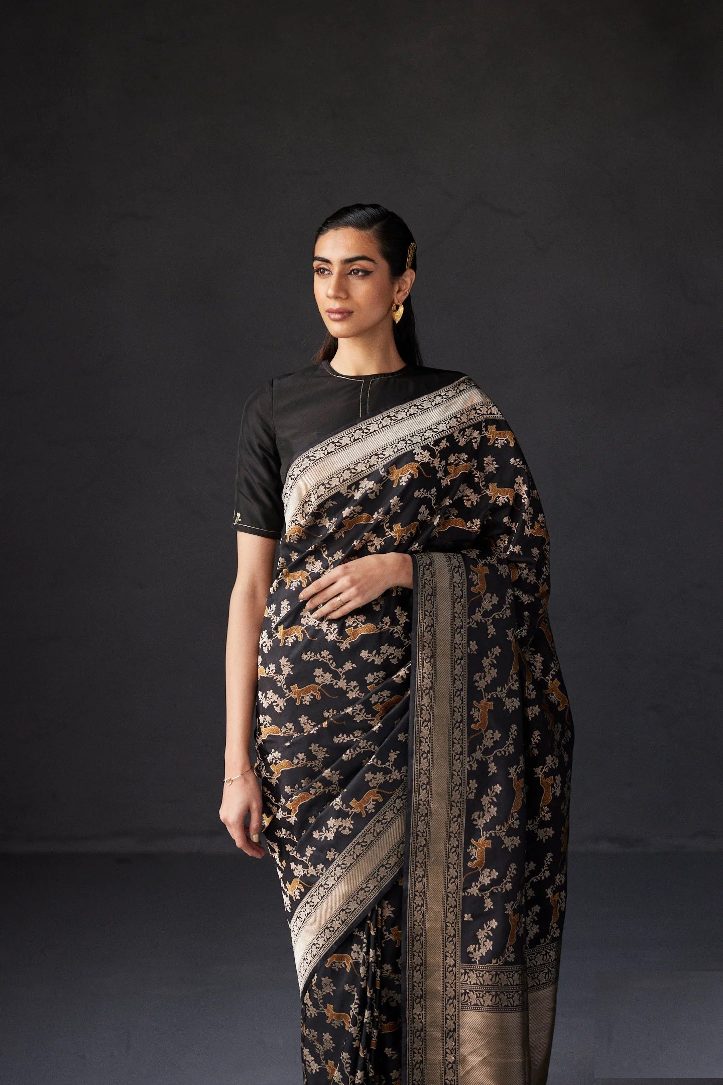 Black Pure Katan Silk Banarasi Shikargah Handloom Saree