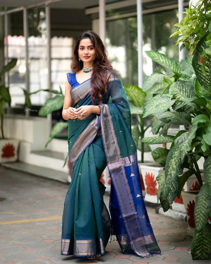 Dark Green & Blue Soft Lichi Silk Saree With Zari Weaving Work