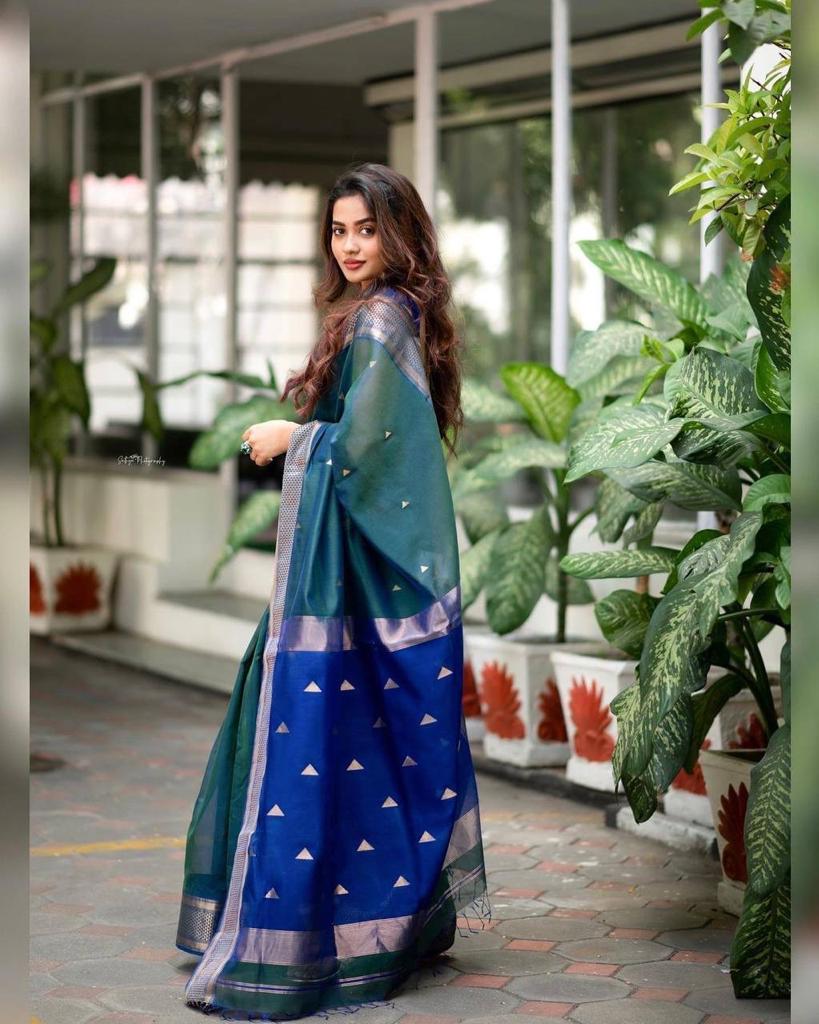 Dark Green & Blue Soft Lichi Silk Saree With Zari Weaving Work