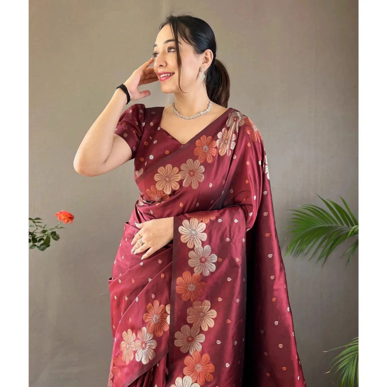 Radiant Maroon Silk Saree with Delightful Floral Weave 🌸