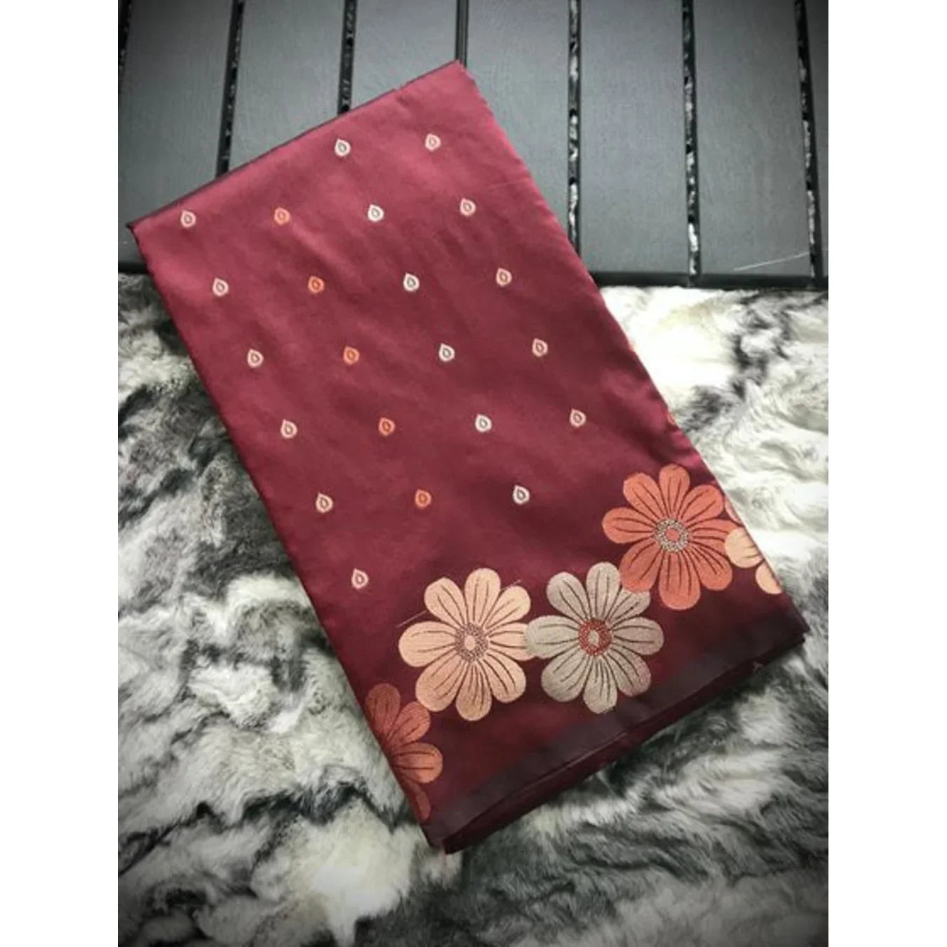 Radiant Maroon Silk Saree with Delightful Floral Weave 🌸