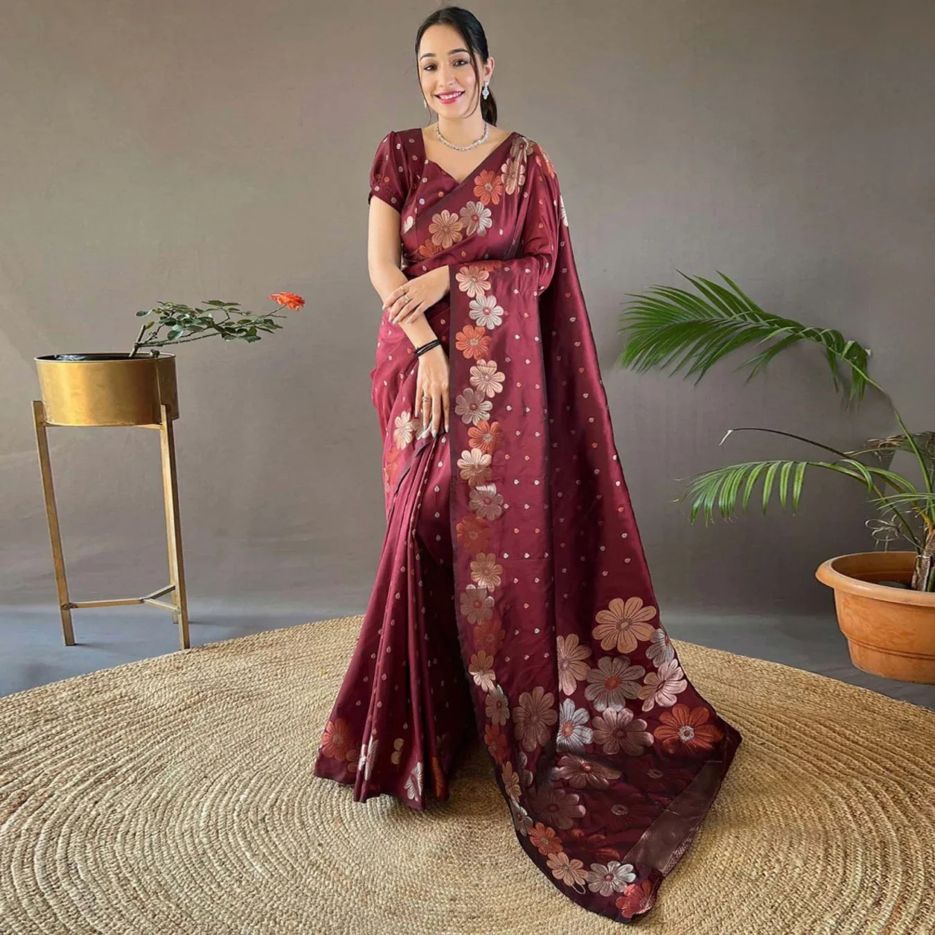 Radiant Maroon Silk Saree with Delightful Floral Weave 🌸