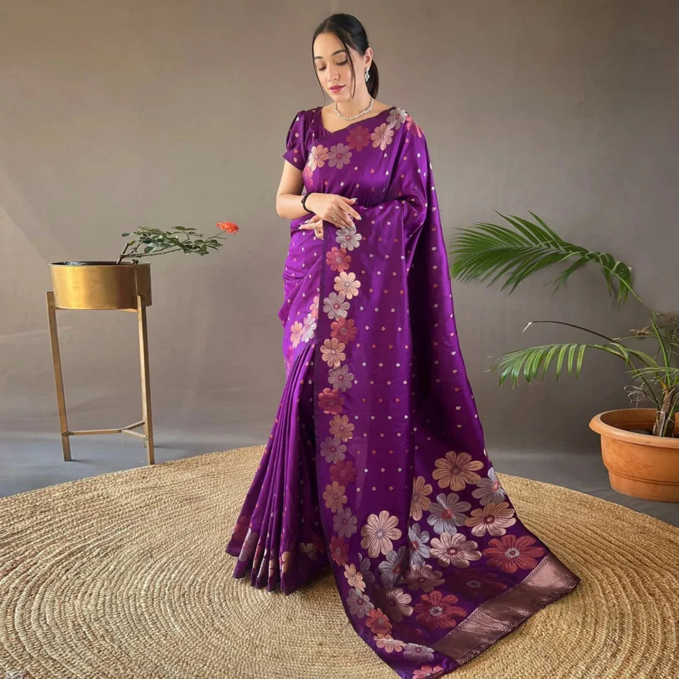 Vibrant Purple Silk Saree with Delightful Floral Weave 🌸