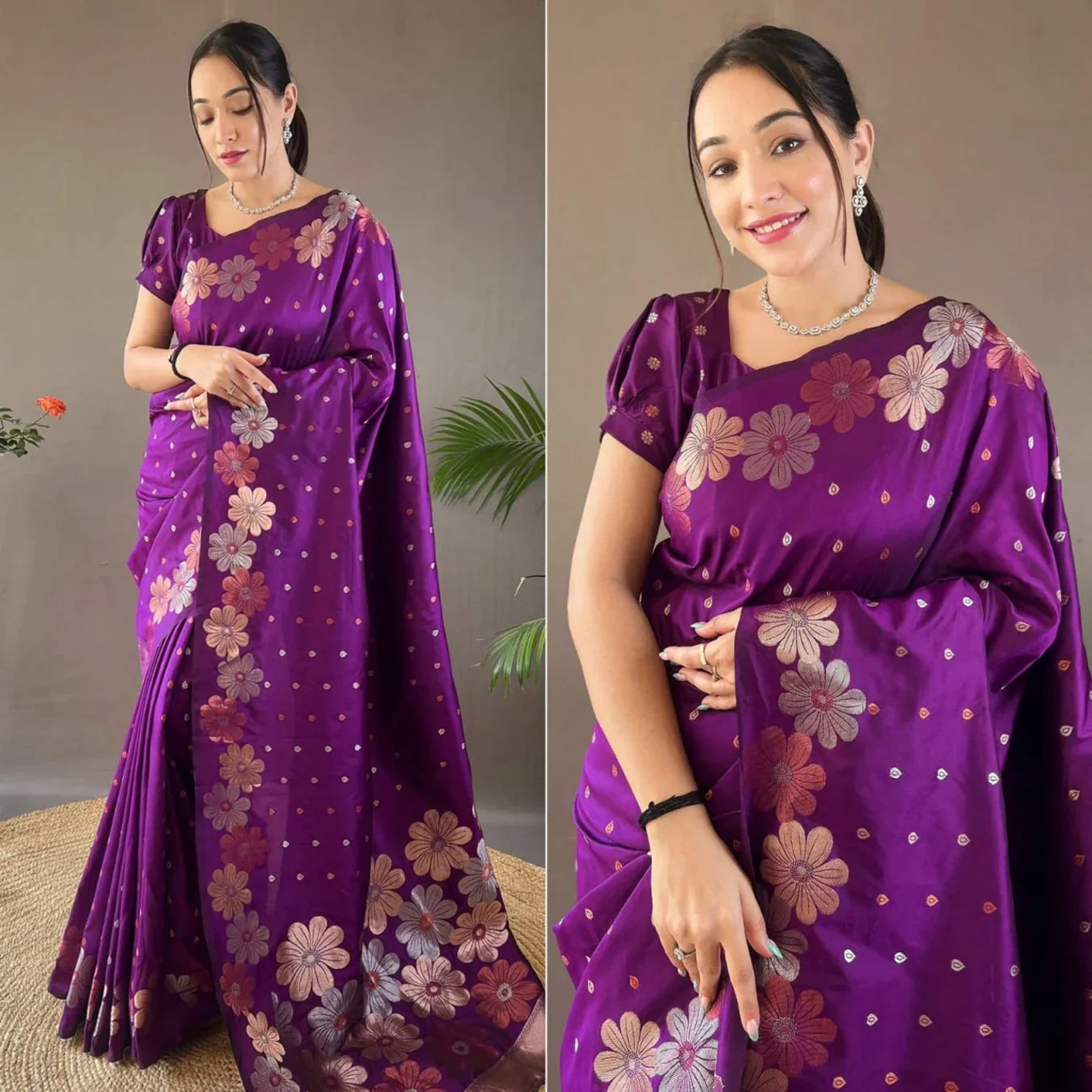 Vibrant Purple Silk Saree with Delightful Floral Weave 🌸