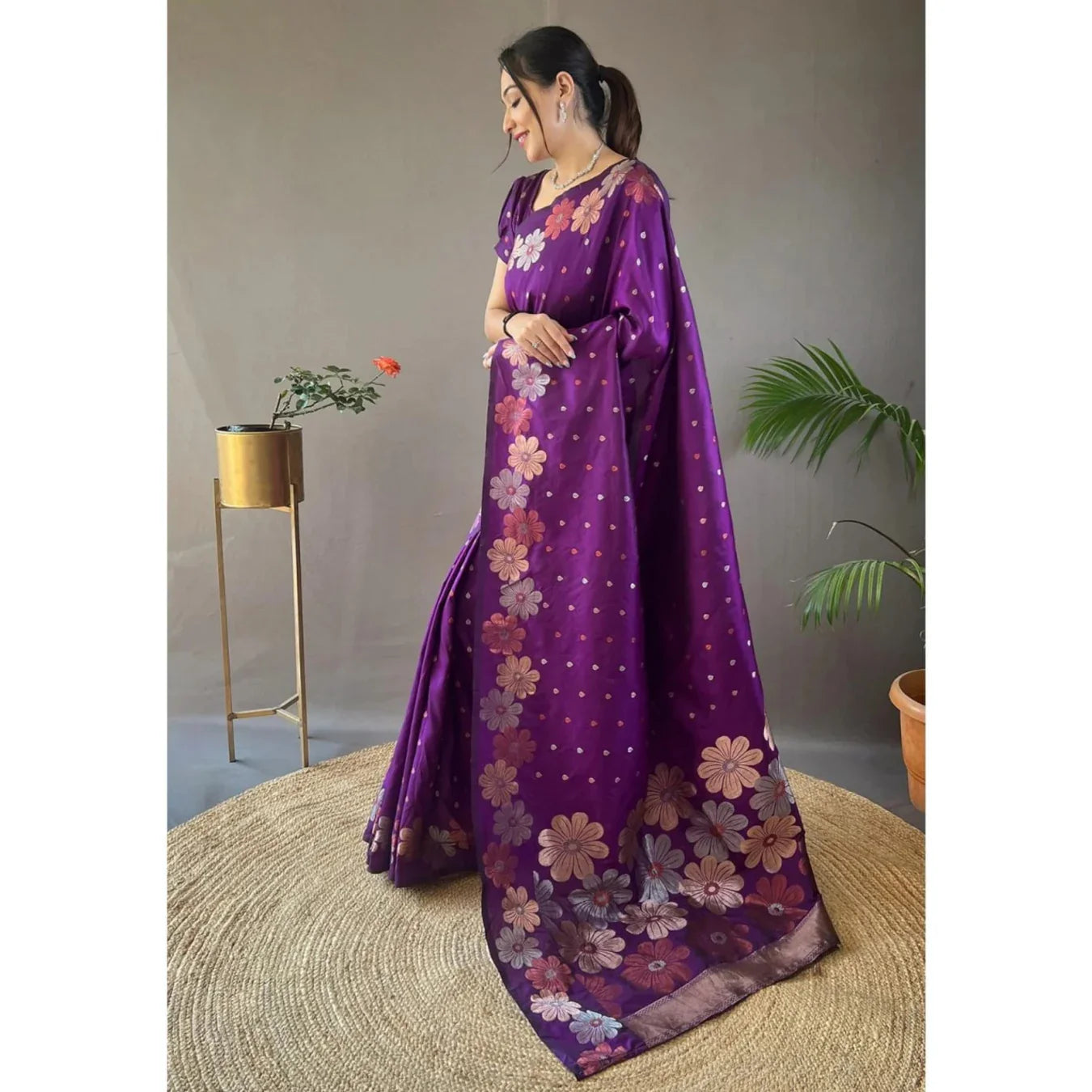 Vibrant Purple Silk Saree with Delightful Floral Weave 🌸